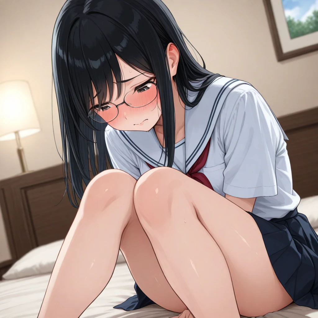 lie in bed、 for the first time、unstoppable 、Feel、Embarrassed and crying face、heavy breathing、sweaty bangs、A sad sigh、small breasts（:2.0）Open the front of your top to reveal your breasts and 、 are 、 are small、 are pale pink、13 years old、beautiful face、、random hairstyle、A cute face that knows no dirt、A woman is squeezing her breasts with one hand、With the other hand, she touches her  and .、I open my legs in pleasure、No  and showing 、Thin pubic hair is starting to grow in the .、