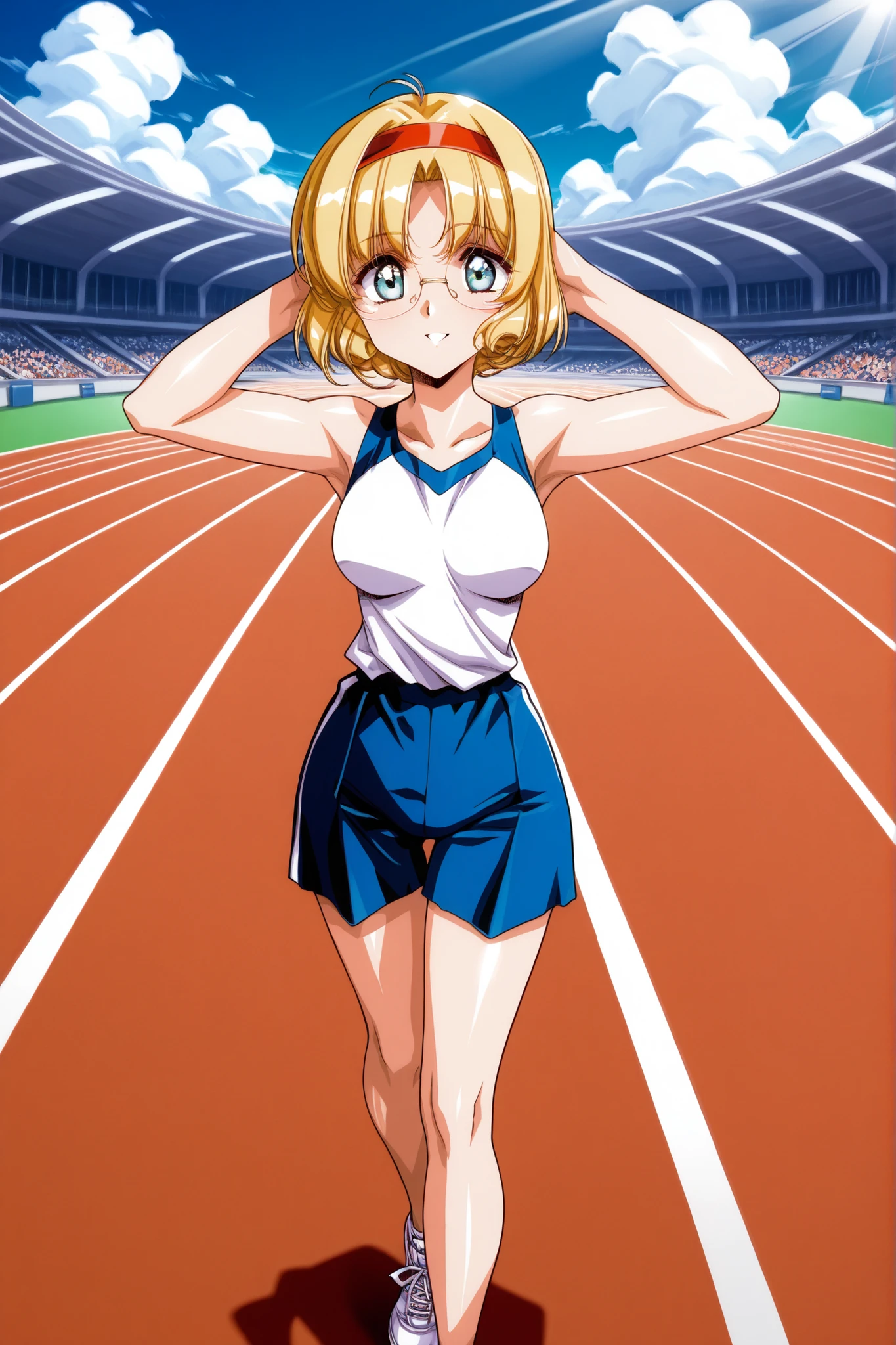 ((top quality)), ((masterpiece)), (Thorough), (perfect face)、solo, hououji huu solo, smiling face staring at viewers, (Blonde、short hair、 red headband), ((Glasses、 standing、white student gym clothes with blue lines、blue low-rise bloomer、white sneakers、Disconnect、thin、thinウエスト、thin脚、thin body、thin太もも、)), bright sunlight and white clouds、 bright outdoor stadium 、In front of the track and field court、Stand Up and Sexy Pose、Raise Your Arms to Show Your Armpits、medium breasts