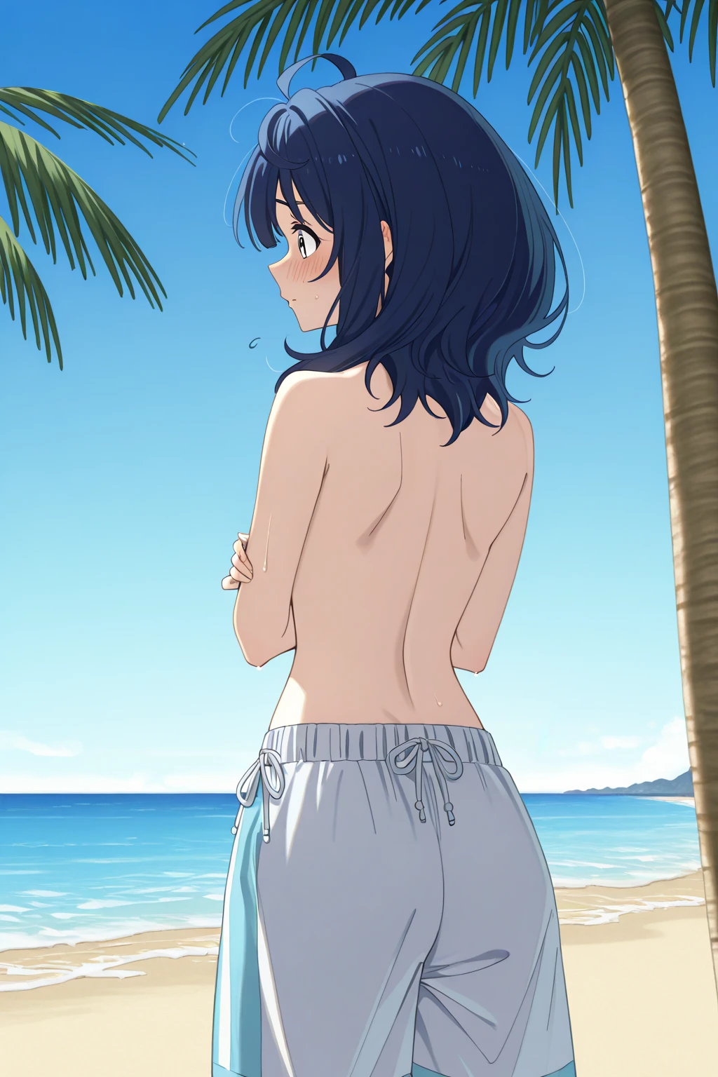 Anime style photo of TendouAkane, with her back turned, her hair dripping wet after a shower, her body facing the beach at sunset, which is visible through the terrace door. She has brown eyes, short blue hair, narrow waist, narrow hips and normal breasts. She is wearing only a set of white panties and bra and holds a white Ibizan dress in her hands. Looking at the viewer turning her neck in an elegant pose, she smiles happily, calmly and warmly, with a captivating gaze. The evening light enters the room quietly and dramatically, giving light golden touches on her lightly tanned skin, making the scene captivating. A partially unmade bed completes the image.