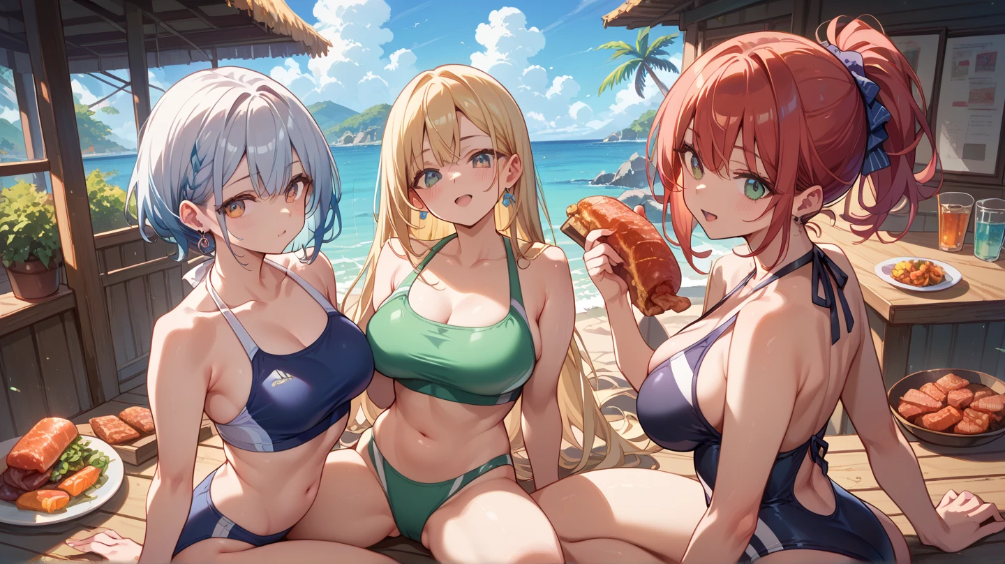 (best quality,4k,highres,masterpiece:1.2),ultra-detailed,(realistic:1.37),beach,party,3 teenagers with big breasts,transforming into mermaids,beautiful detailed eyes,beautiful detailed lips,extremely detailed faces and bodies,long eyelashes,summer,vibrant colors,beach ,bikinis,joyful,water splashes,shimmering tails,sparkling scales,underwater scenery,sunlight filtering through the waves,frothy waves,playful,splashing,excitement,music,beach umbrellas,coconut drinks,laughter,fun games