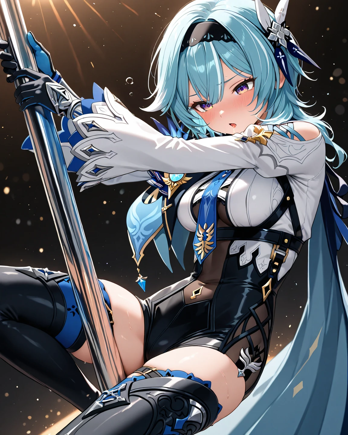 yorbriarratatata, yor briar ratatata, bangs, sidelocks, (blue eyes:1.5), blue hair,
BREAK cleavage,  shoulders, headphones, black jacket, black unitard, white robes, collarbone,
BREAK outdoors, city, night city, clock tower behind
BREAK looking at viewer, (cowboy shot:1.5),
BREAK (masterpiece:1.2), best quality, high resolution, unity 8k wallpaper, (illustration:0.8), (beautiful detailed eyes:1.6), extremely detailed face, perfect lighting, extremely detailed CG, (perfect hands, perfect ), time, holding staff