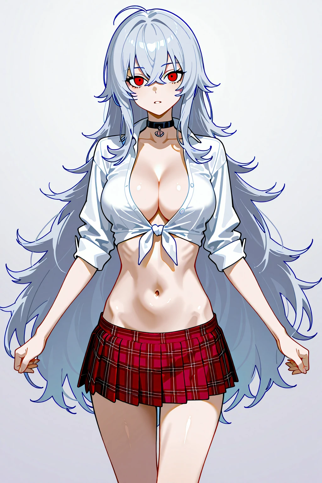 Camellia, solo, black hair, white hair, multicolored hair, hair ornament, dress, navel, twintails, wearing jeans, chemise, glasses, professional