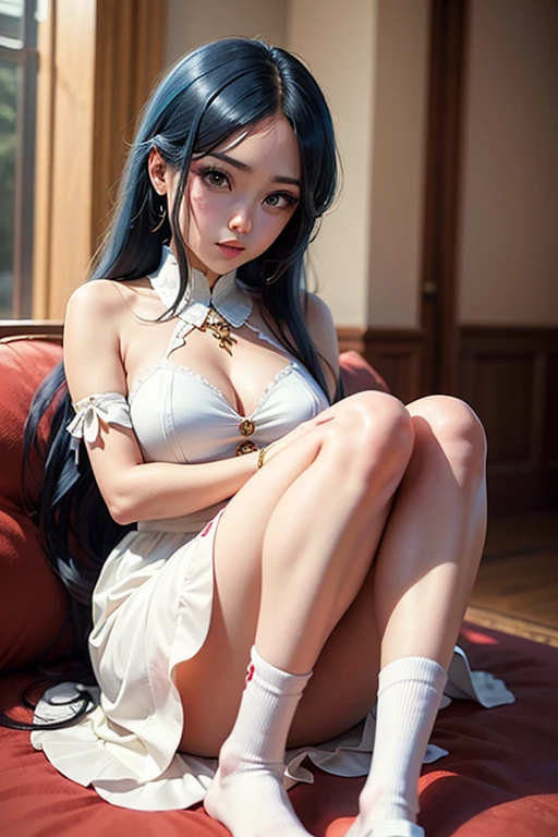 (pureerosface_v 1:0.66), beste-Qualit, extra high resolution (Photorealistic: 1.4), 1 girl, beautiful detail eyes, heavy eye makeup, skinny waist, blusher, Idol of pop music (aegyo sal:1.0), Detailed eye makeup, chubby eyes, 独奏, perfect , (грудастая), (Slim), (black  hair: 1), (looks at the viewer), sitting, , chair, (original_alice), (light blue tie), (marine blue eyes), (zhuo), (alice_halo:0.7), (blue halo), (ssmile), (Happy), (pigtails), (hairlong), (hairlong), (hairlong), (long bangs), (Blue Archive), (Black hair bands), (, ( footed), , Depth of field, Face detailing, sparkly skin, beautiful detail eyes, heavy eye makeup, skinny waist, blusher, detail eye makeup, 独奏, perfect ,