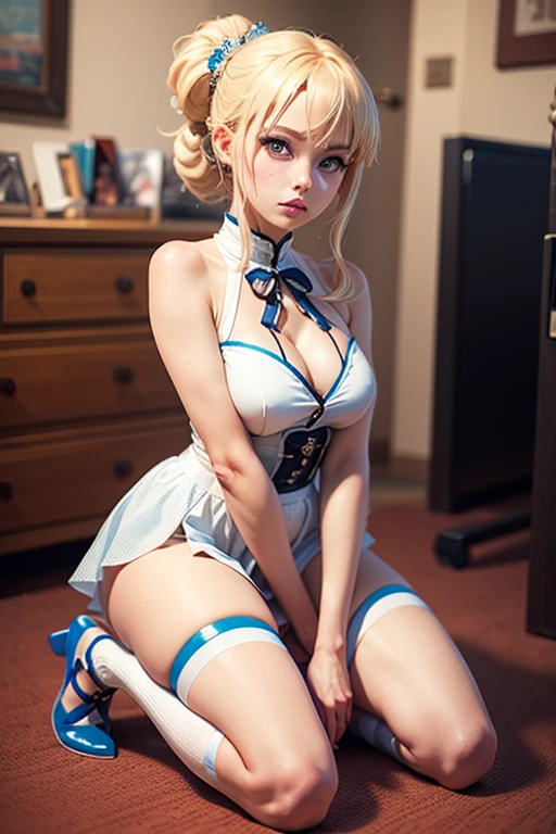 excellent quality, 4k quality, realistic skin tone, blonde hair, blue eyes, bunny ears, rabbit costume, woman, beautiful, bows, heels, kemonomimi, long hair, playboy bunny costume, shoes two bows, two pigtails,
