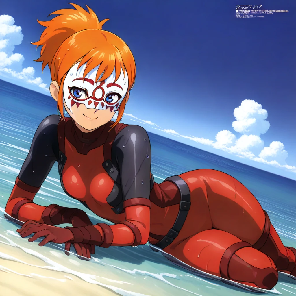 Twintail, red haired, 1girl, (grey eyes:1.5), well toned, well built, muscled, toned muscles, blushing, sweating, smiling, ((interface headset, red ????????:1.4)), (beautiful and detailed eyes:1.1), (unziped suit from neck to navel:1.3), (exposed ???????:1.2), open suit revealing torso in a v-shape