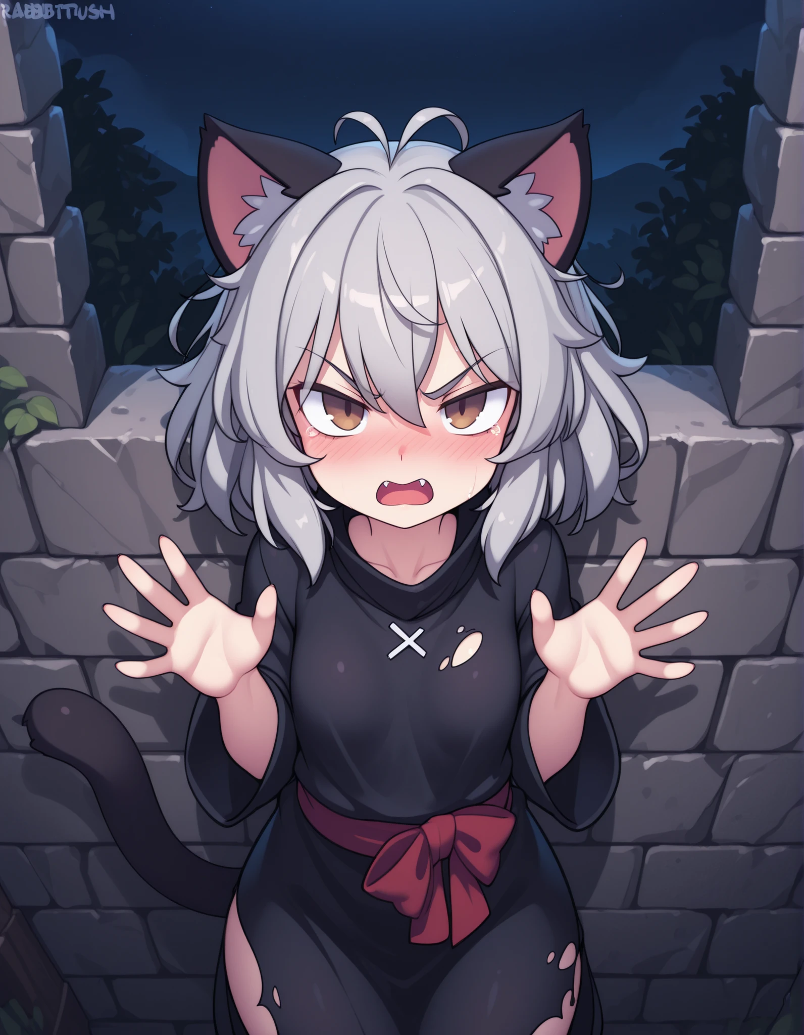 by Rabbitbrush,, 1girl, petite, (skinny and frail:0.7), cat girl, against wall, stone wall, brown eyes,looking at viewer, grey hair, medium hair, messy hair, angry, (scared:0.4), (open mouth:0.5), fangs, hands up, (tearing up:0.5), tail raised, torn clothes, straight-on, dark, night, outdoors, masterpiece,best quality, amazing quality,