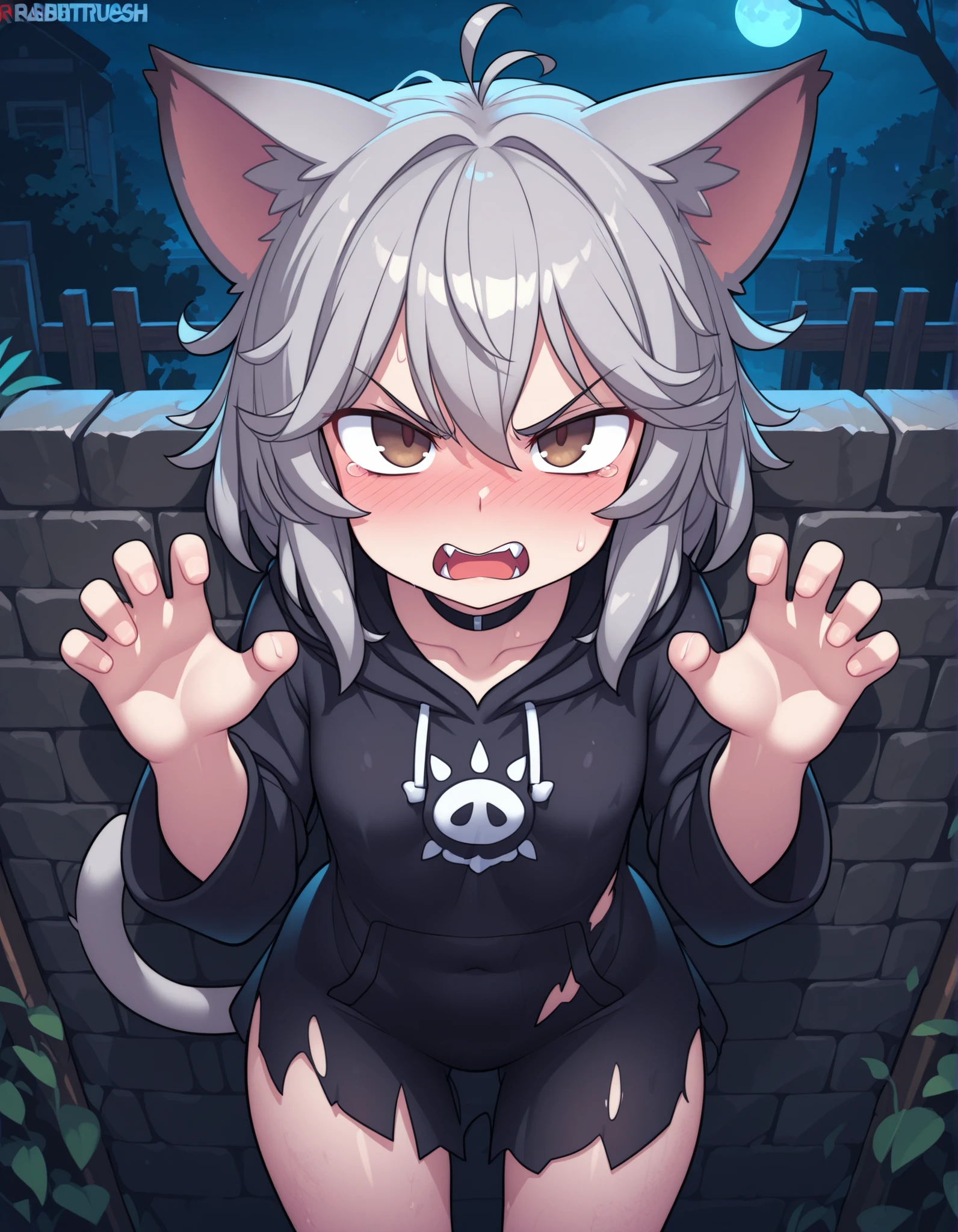 by Rabbitbrush,, 1girl, petite, (skinny and frail:0.7), cat girl, against wall, stone wall, brown eyes,looking at viewer, grey hair, medium hair, messy hair, angry, (scared:0.4), (open mouth:0.5), fangs, hands up, (tearing up:0.5), tail raised, torn clothes, straight-on, dark, night, outdoors, masterpiece,best quality, amazing quality,