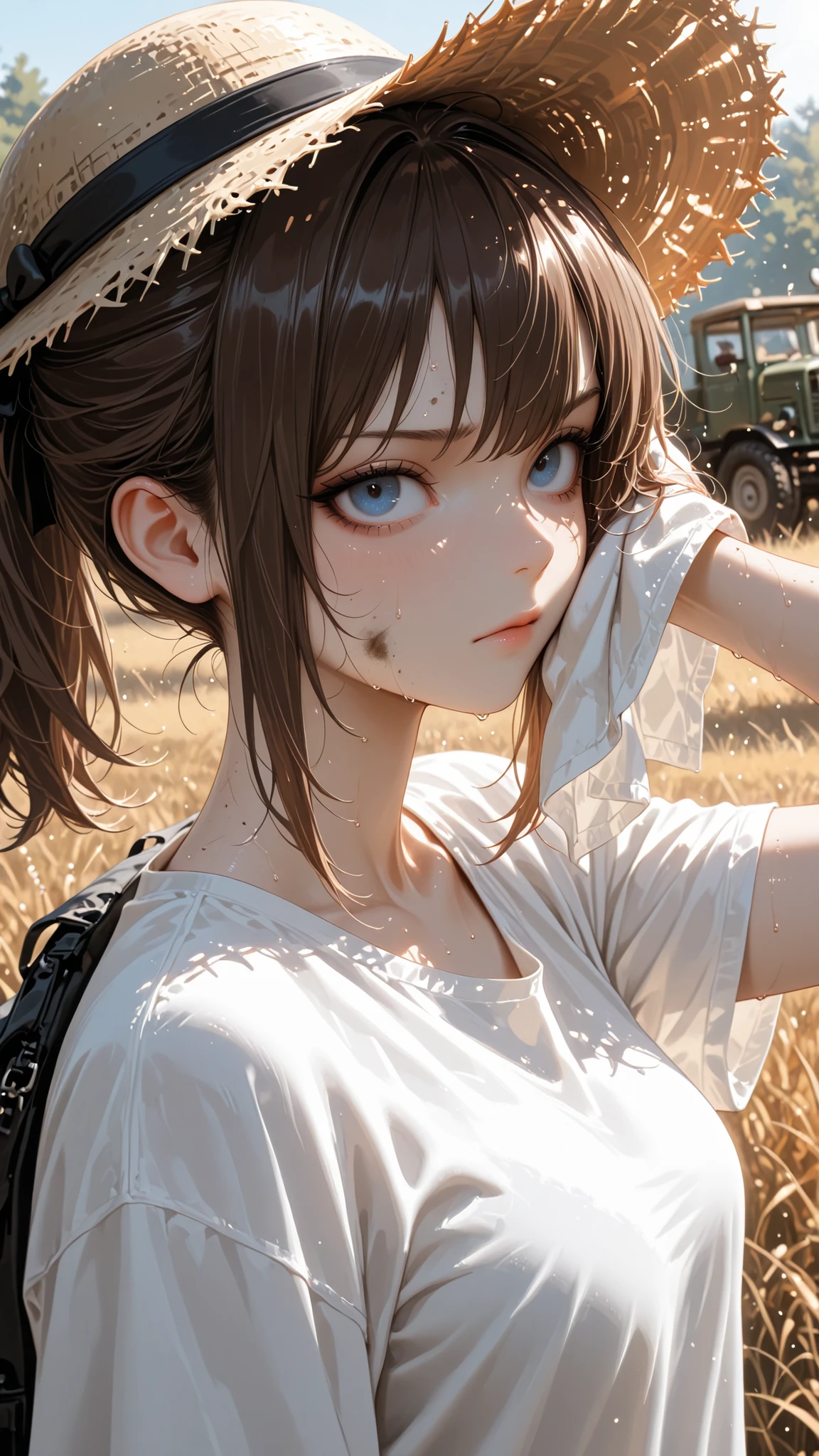 a woman,art by Robert Crumb. Farm girl unbuttoning her shirt, pigtails, high quality, detailed, photorealistic, masterpiece, hyper-realistic, digital painting, cinematic lighting, dramatic chiaroscuro, warm color palette, rustic country setting, wooden barn, hay bales, rolling hills, blue sky with wispy clouds, sun rays, farm girl in pigtails, , unbuttoning shirt, shirt is partly open, hands on her lapels, alluring expression, naturalistic pose, skin texture, detailed facial features, realistic proportions