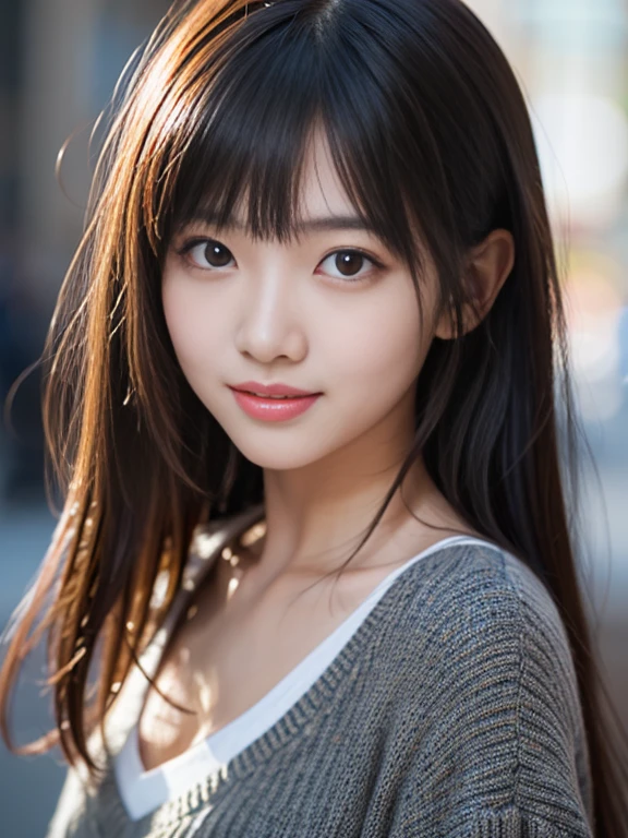 (Best-quality, Masterpiece, Ultra-High-Resolution, (Photorealistic:1.4), Raw Photo, depth of field, professional lighting, perfect anatomy, extremely details), 1girl, 15-years-old, the most famous Japanese idol, cowboy shot, at street, wearing the latest fashion, (extremely cute face like the most popular Japanese idol, ((extremely cute and extremely big eyes)), extremely cute hair, extremely beautiful skins), extremely cute long-eyelashes, extremely cute lips, looking at viewer, innocent smile, detailed the-latest-fashion