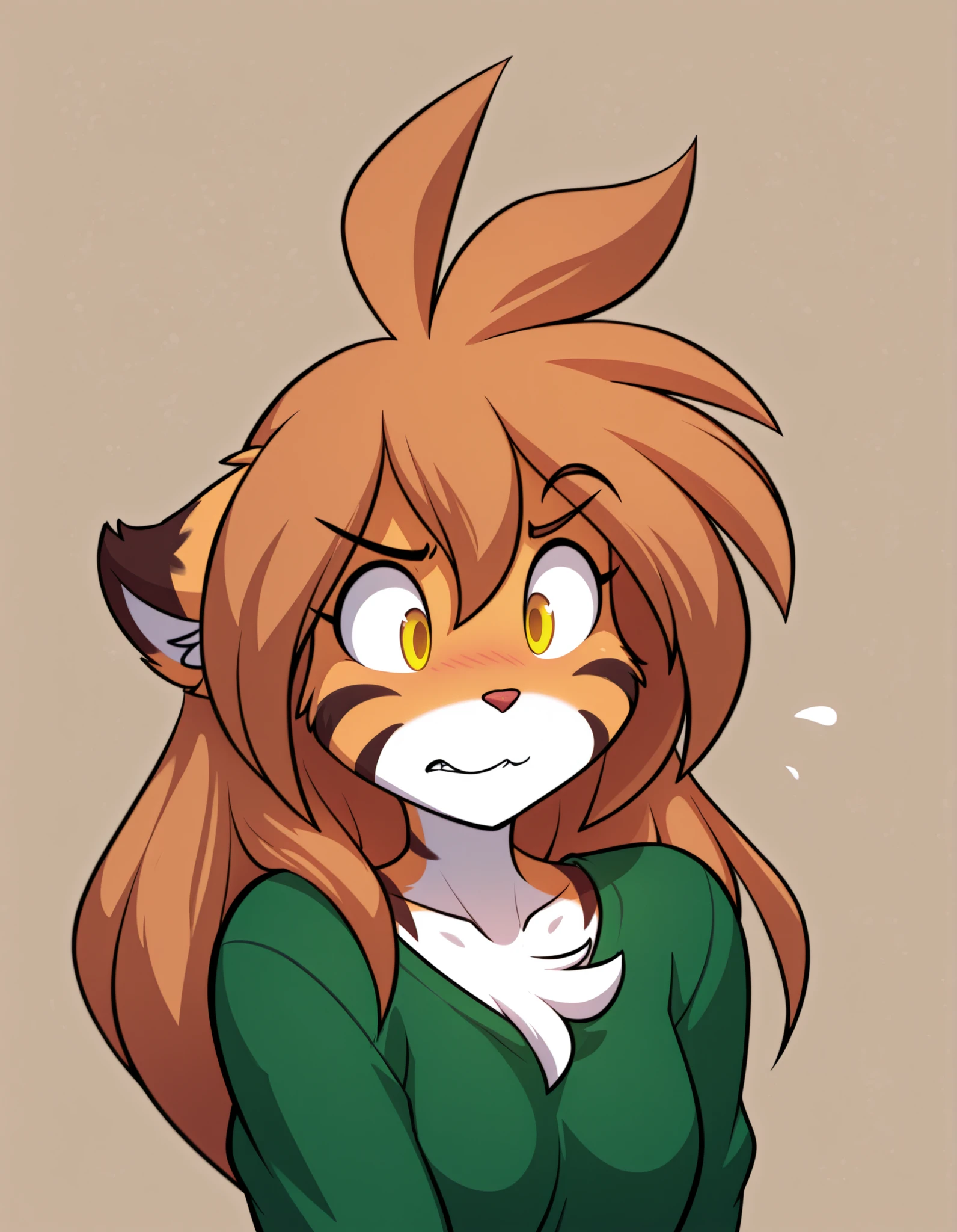 by Rabbitbrush,, furry, solo, flora-twokinds, flora_twokinds,, tiger, striped fur, keidran, yellow eyes, anthro, simple background,,, green shirt