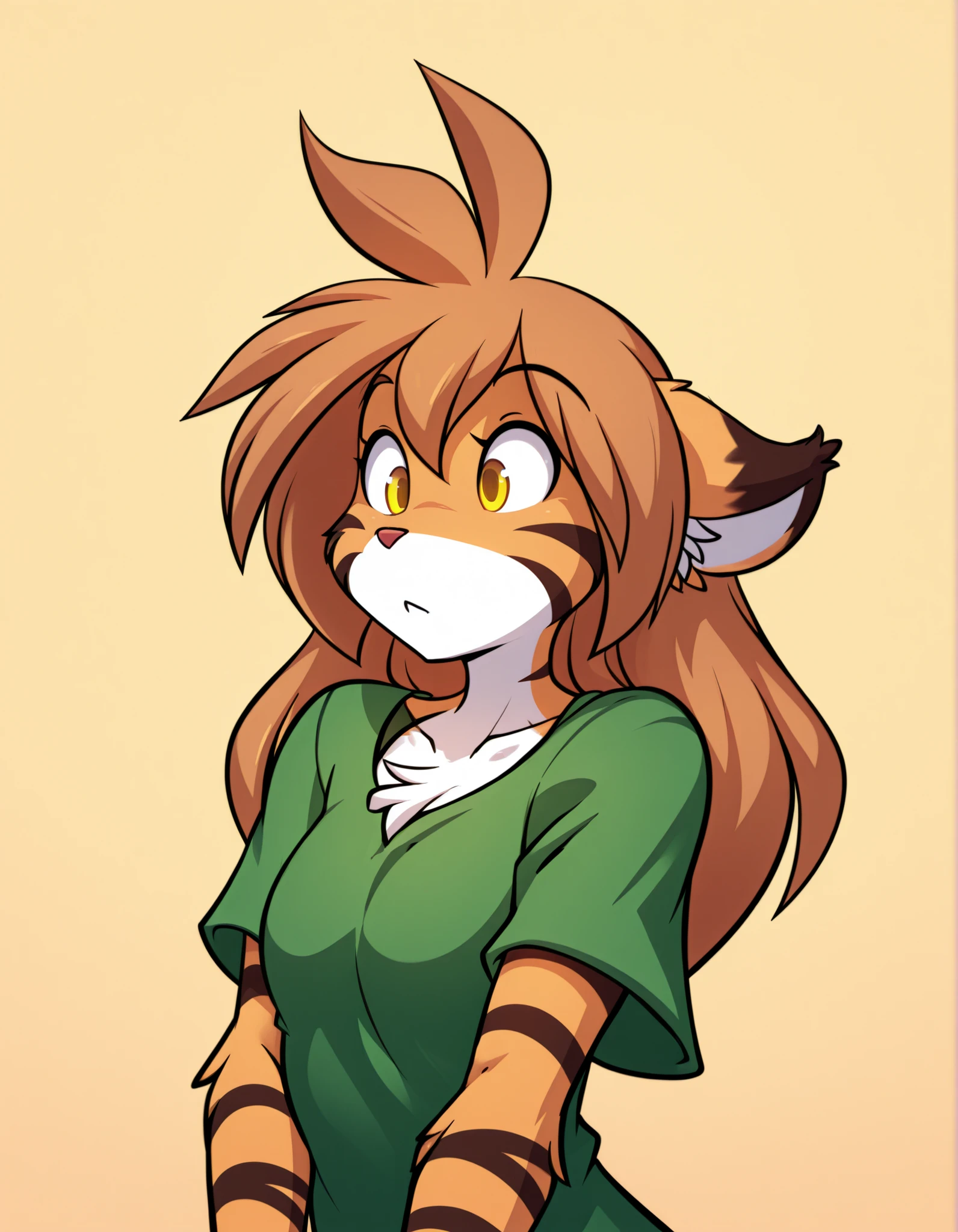 by Rabbitbrush,, furry, solo, flora-twokinds, flora_twokinds,, tiger, striped fur, keidran, yellow eyes, anthro, simple background,,, green shirt
