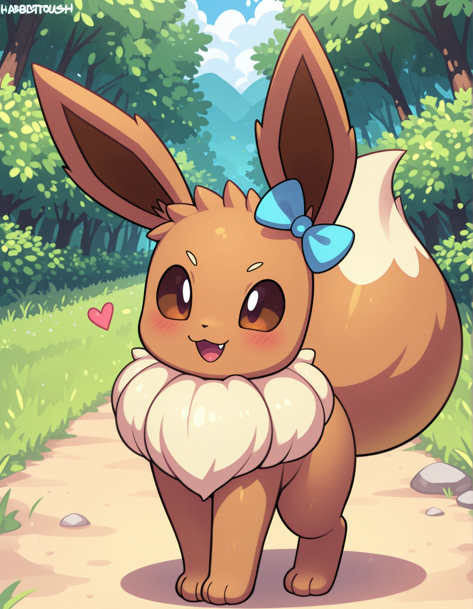 by Rabbitbrush,, pokekid, eevee, fluffy girl, furry girl, female, smile, smiling, has a big pretty bow in her hair, has animal paws for hands, 1girl, best quality, outdoors, high definition, cute,