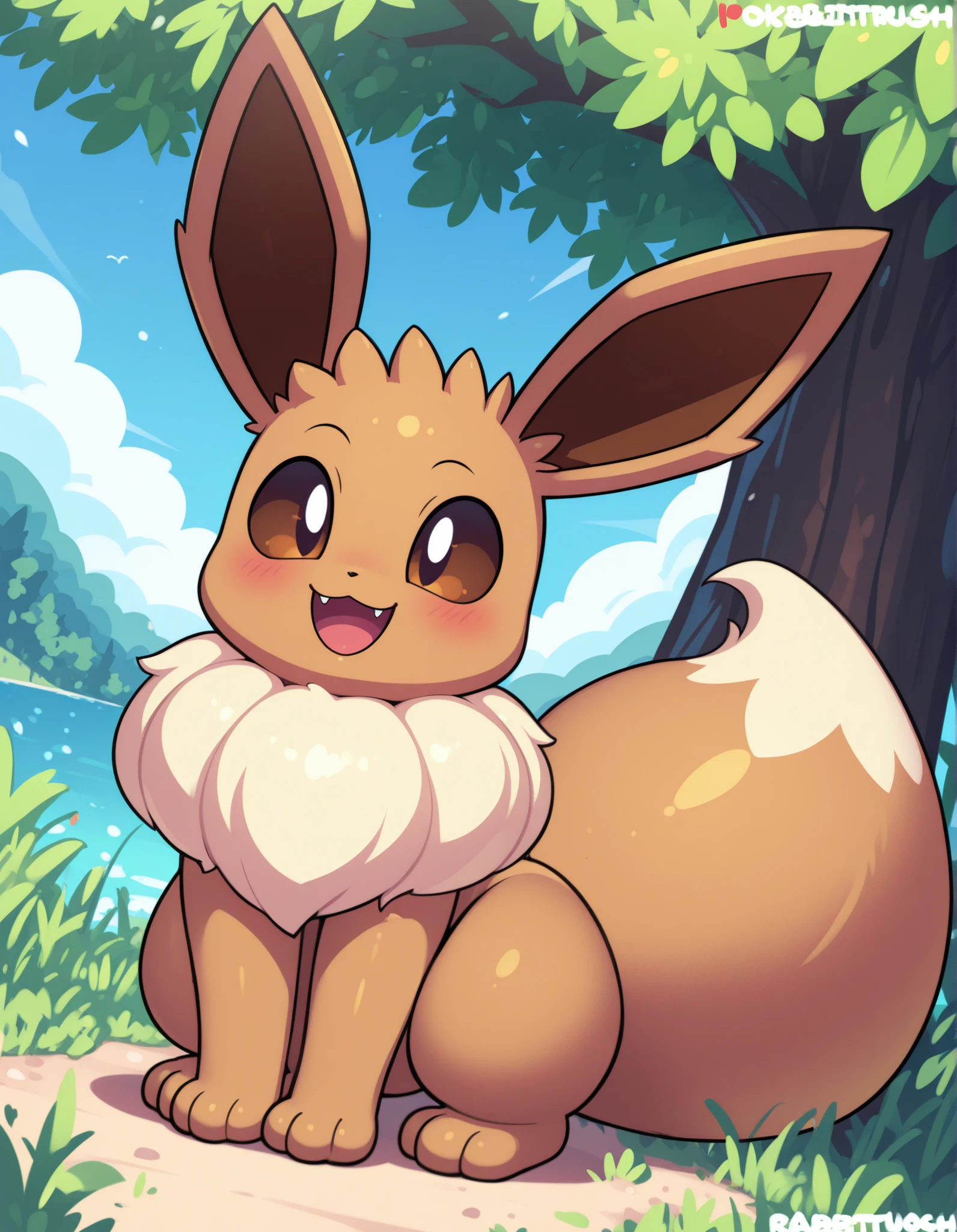 by Rabbitbrush,, pokekid, eevee, fluffy girl, furry girl, female, smile, smiling, has a big pretty bow in her hair, has animal paws for hands, 1girl, best quality, outdoors, high definition, cute,