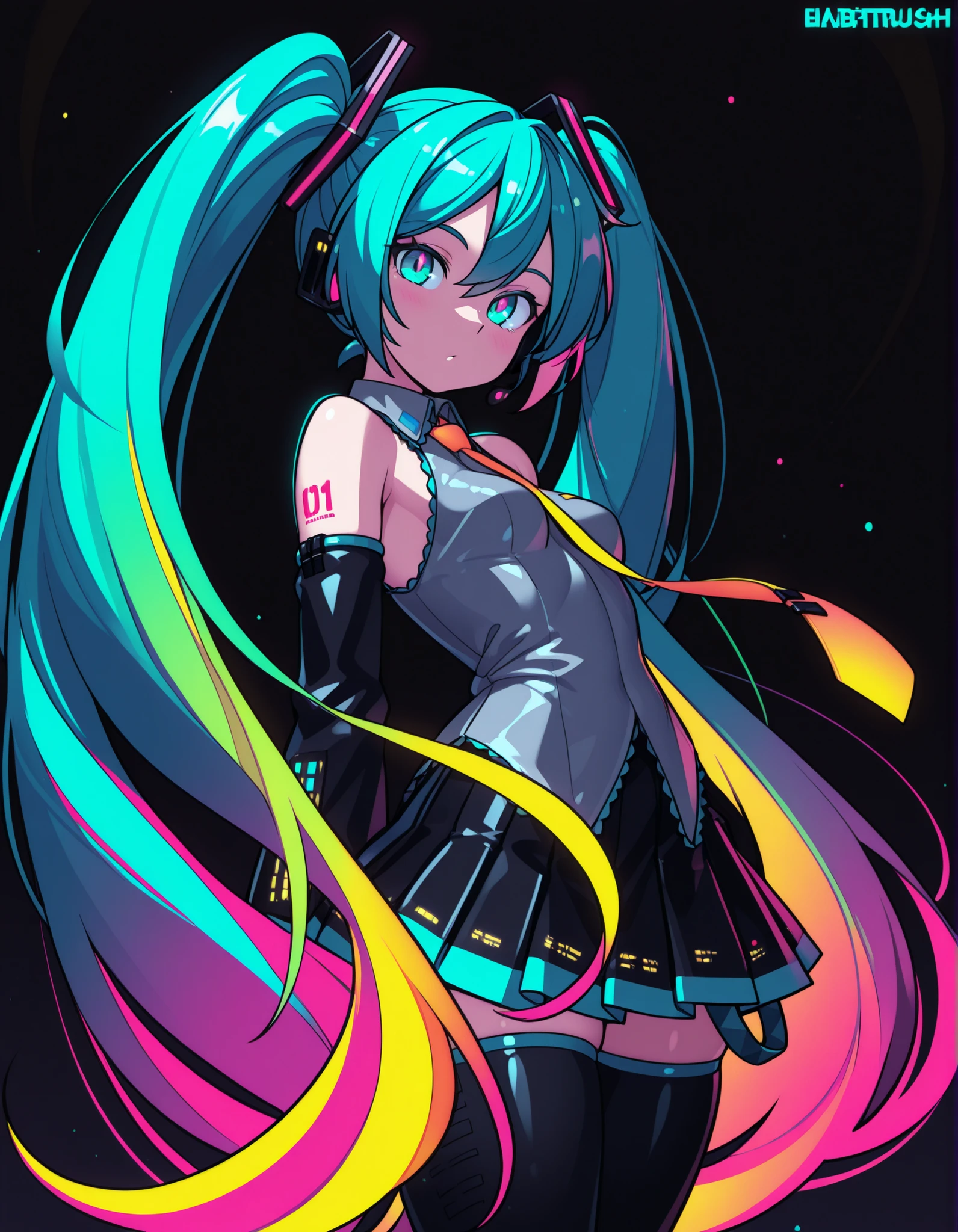 by Rabbitbrush,, Hatsune Miku, limited palette, black background, colorful, vibrant, glowing outline, neon, blacklight, looking at viewer, masterpiece, very aesthetic