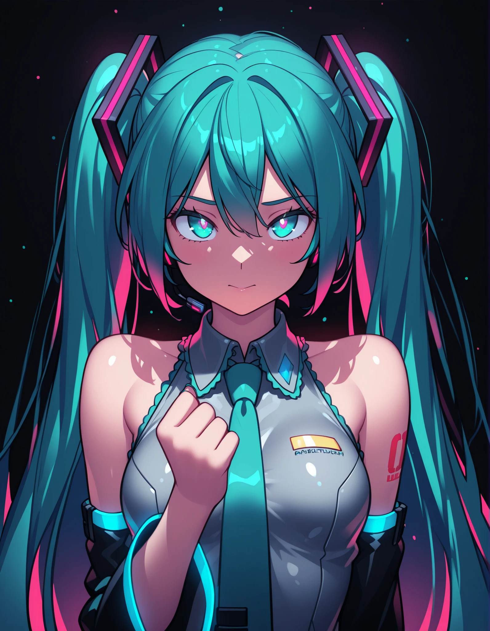 by Rabbitbrush,, Hatsune Miku, limited palette, black background, colorful, vibrant, glowing outline, neon, blacklight, looking at viewer, masterpiece, very aesthetic