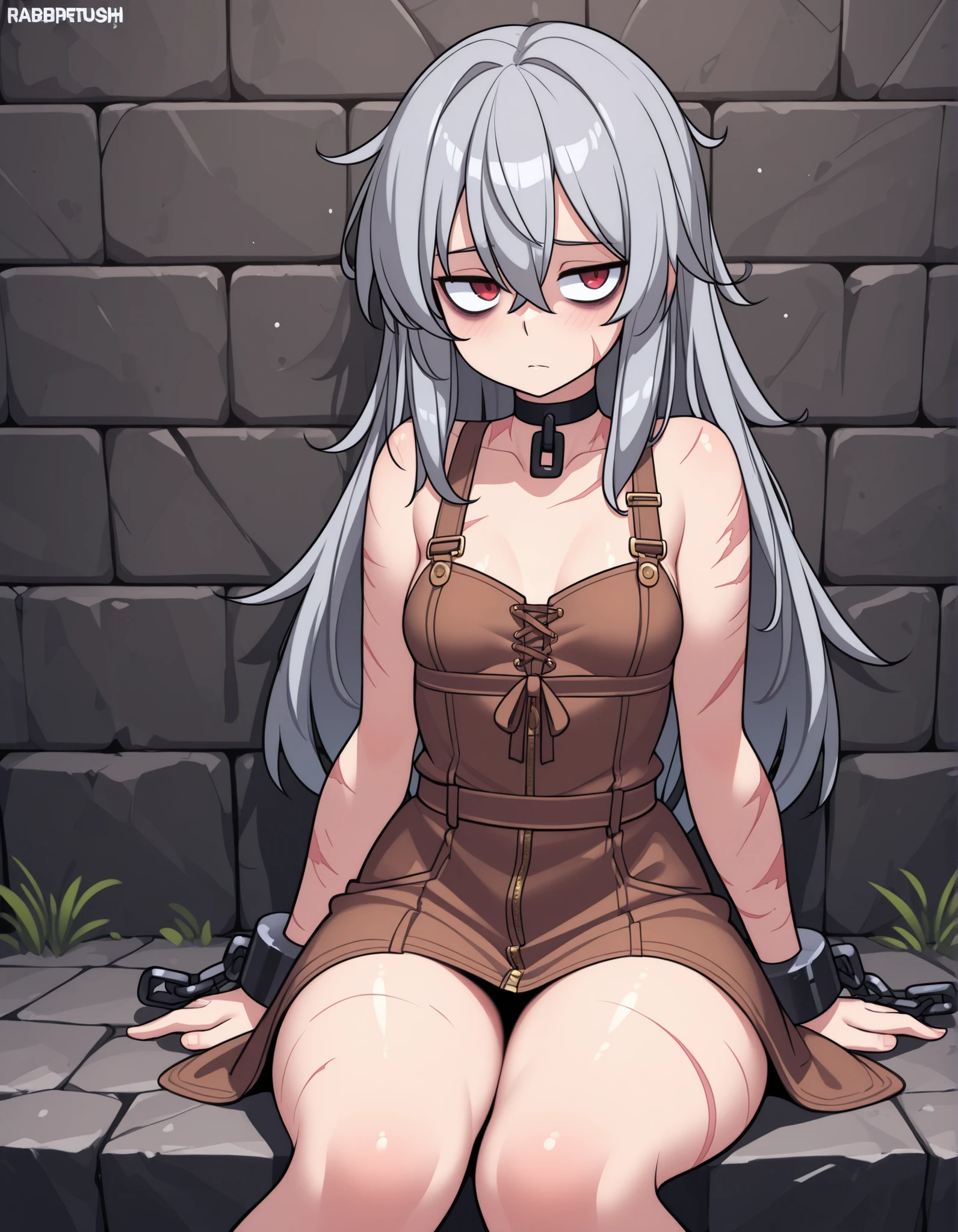 by Rabbitbrush,, stone wall background,1girl, solo, (red eyes), choker, shackles, chains, cowboy shot, open legs, sitting, feet, toes, hands on the sides, OverallDetail, komekko,, (masterpiece, best quality, absurdres), 1girl, solo, small breasts, dark gray hair, long hair, gray eyes, bags under eyes, scars, burn scars, malnourished, depressed, innexpressive, brown dress, sundress