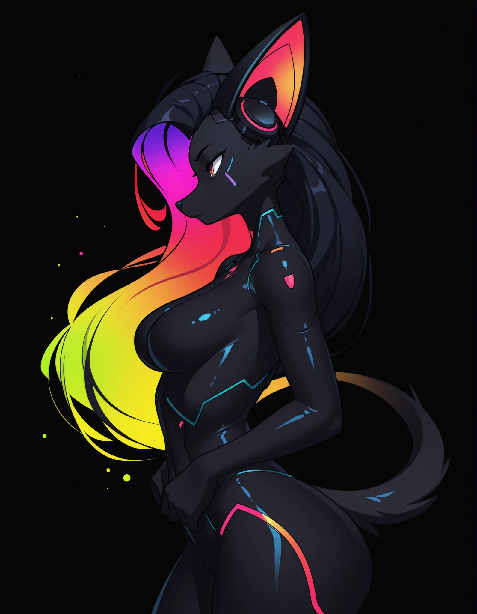by Rabbitbrush,, furry girl, anthro, facing sideways, elegant pose, silhouette body, (glossy black fur), (neon outlines), (flat lighting), exploding fractals, liquid neon paint, splash effect, rainbow iridescent hair, gradient glow, (triadic colors), (spot color:1.2), cyberpunk headgear, artistic, abstract style, black background, recursion, film grain, no lineart, high aesthetic,