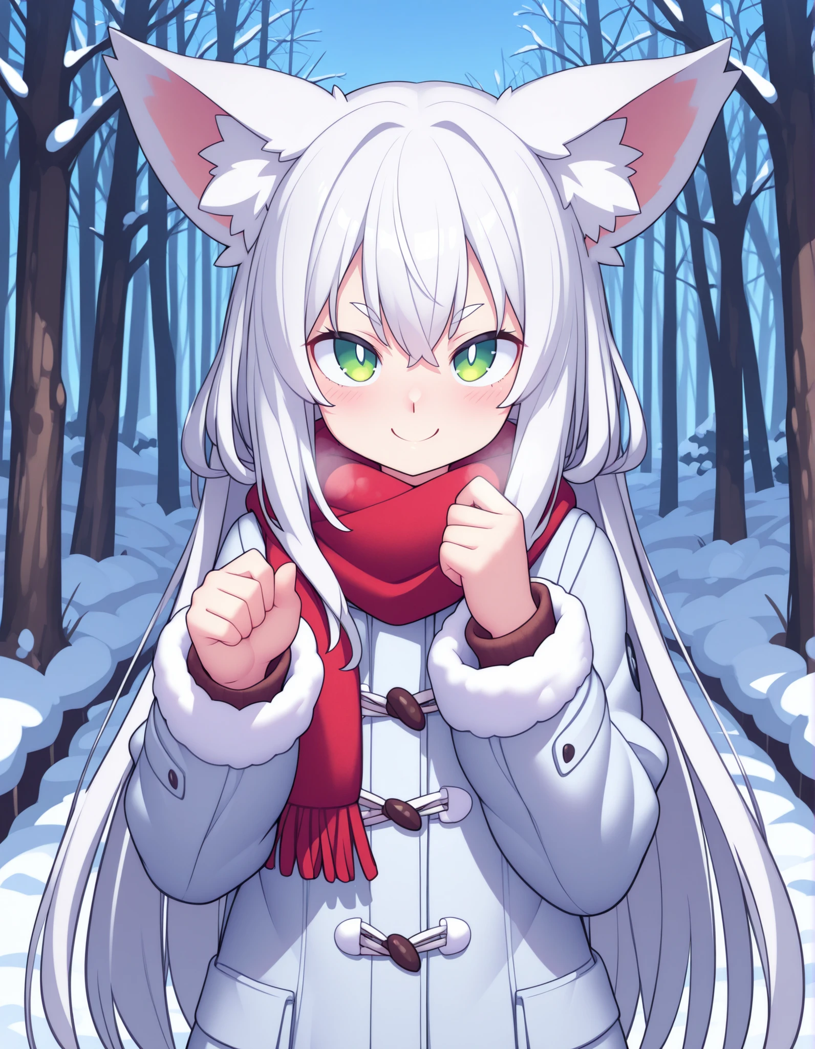 by Rabbitbrush,, anime, solo, BREAK, young fox girl, skinny and frail, (petite,cute:0.5), green eyes, looking at viewer, long hair, white hair, smile, winter clothes, outdoors, winte