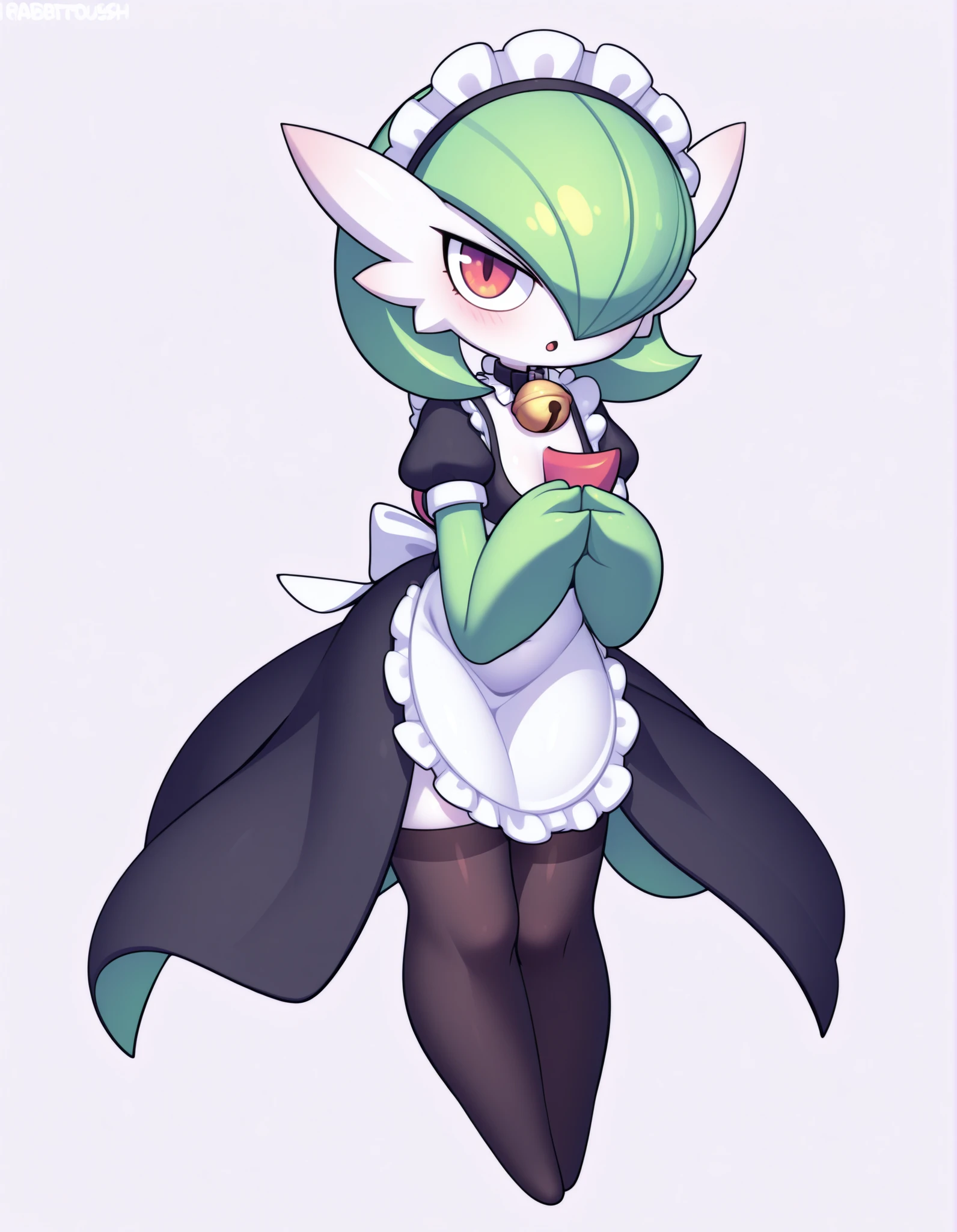 by Rabbitbrush,,, furry female, gardevoir, maid headdress, bell collar, hands together, full body, small, black thighhighs, white background,