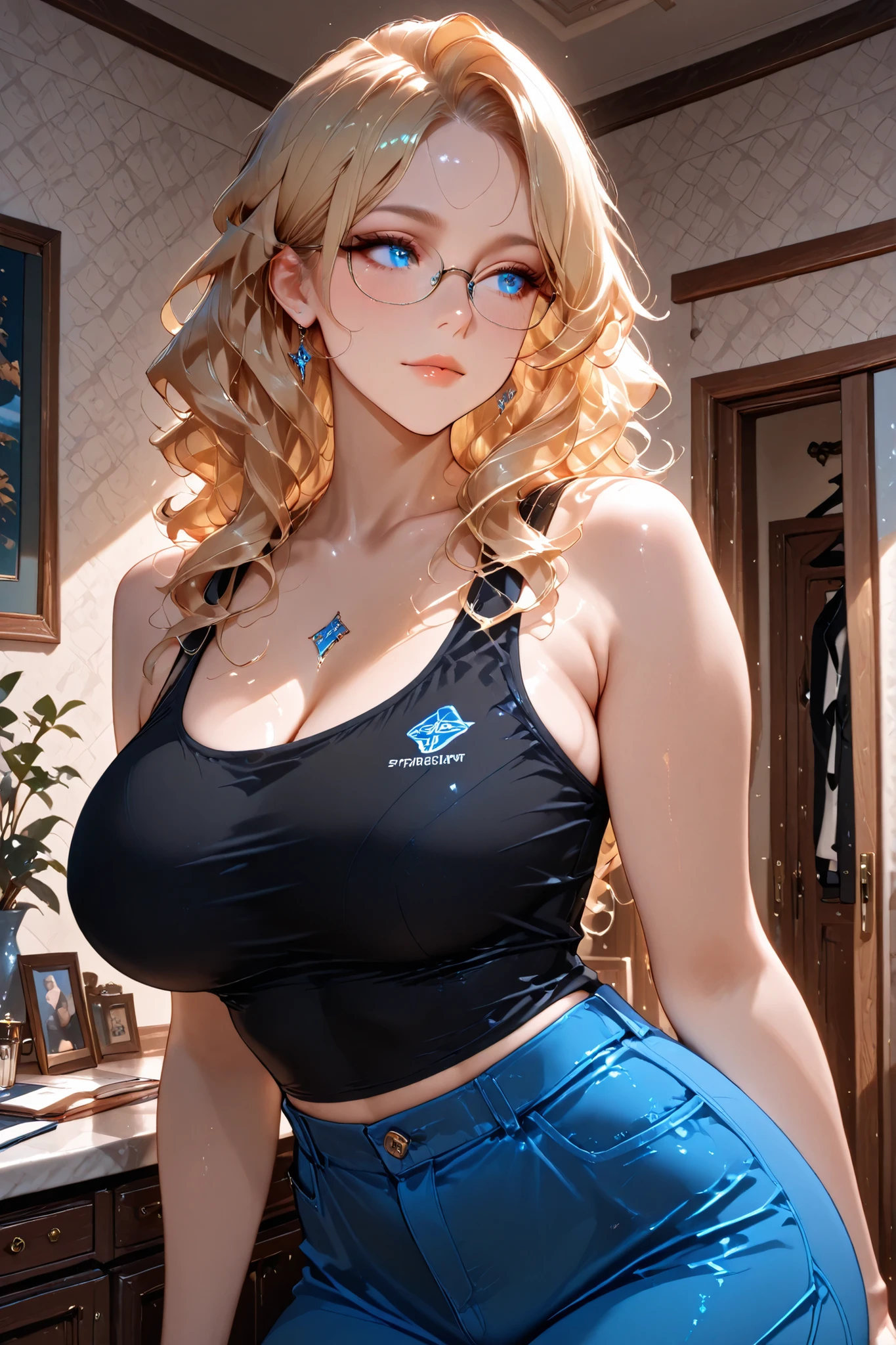 masterpiece, the best quality, excellent quality, super detail, latest, very aesthetic, A girl, mature women, glasses, big breasts, blonde hair, blue eyes, (wavy hair with a smooth stripe in the middle), black tank top, blue trousers