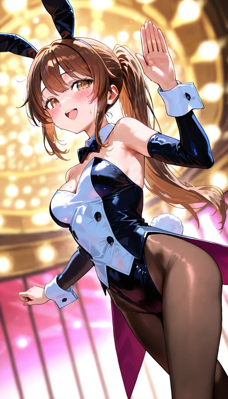 cinematic photo, 
score_9, score_8_up, score_7_up, source_anime,
<lora:MinaseIori_pony_v1:0.8>
pinup of 1girl, solo, cowboy shot, pov, indoors, convention, signboard, booth, people, 
cheerfully posing, nose blush, grin, looking at viewer, V,
mnsior, petite, longhair, brown hair, forehead,  brown eyes, hairband, small breasts, 
pink leotard, glossy leotard, playboy bunny, fake animal ears, fake tail, wrist cuffs, 
,
35mm photograph, film, bokeh, professional, 4k, highly detailed,