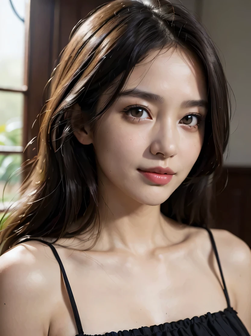 ((highest quality、In 8K、masterpiece、The whole body from head to foot:1.3))、(Sunlight、sharp focus:1.2)、(beautiful woman perfect body、Completely :1.5)、(Double big eyes、long face:1.5)、Front facing、(super big breasts、fitness body:1.2)、straight hair、three-dimensional texture、detailed eye、brown hair、shy smile、very shiny hair、Basement concrete background、hair quality improvement、