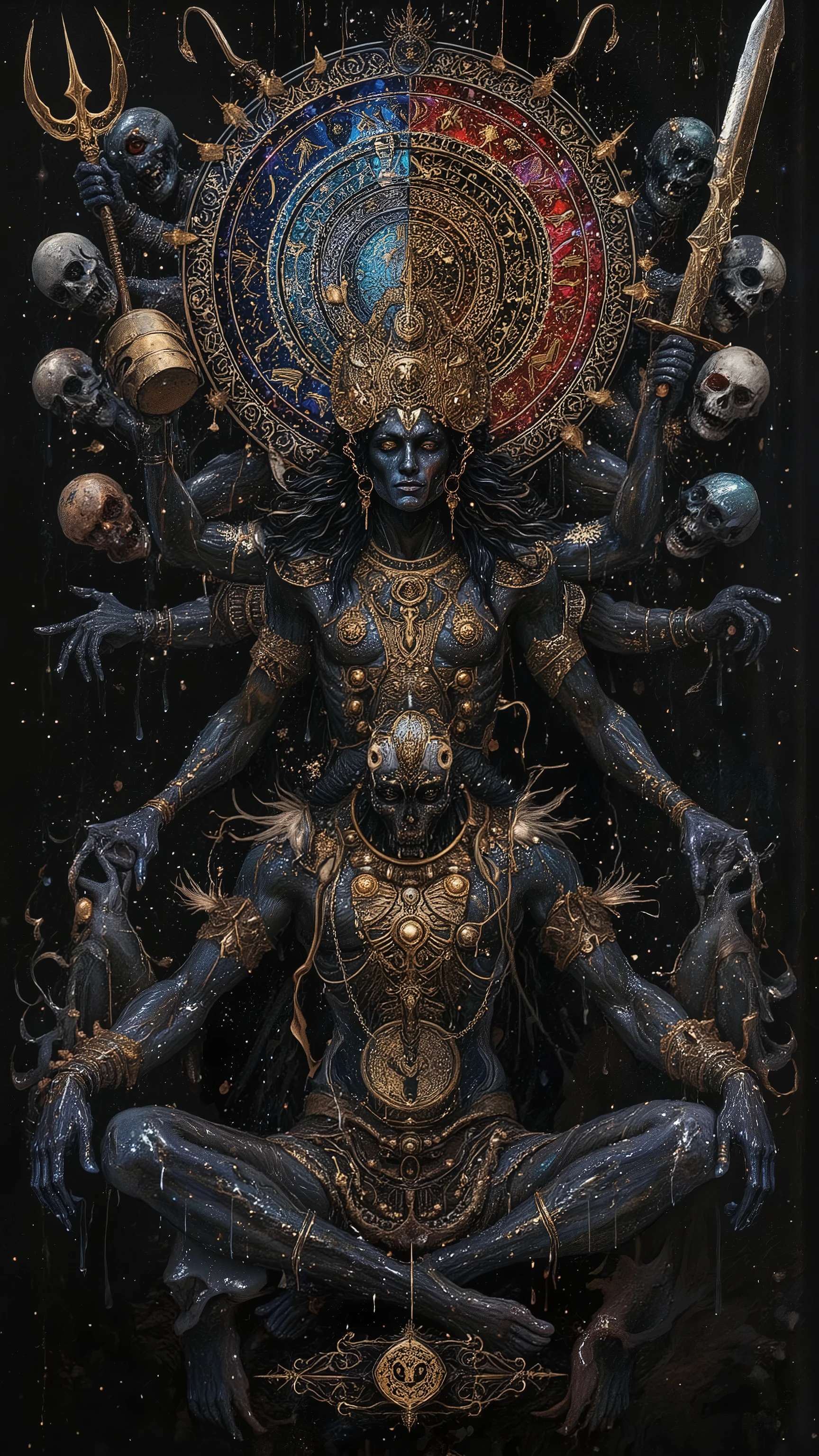 Hindu Mahakala,Multiple arms forming a circle,With pitch-black skin and a face twisted in rage, adorned with eight skulls, he sits atop five corpses used as chairs, wielding a trident spear, a drum, a long sword, and a sickle. Cremation ashes blanket his entire body, while vultures and jackals circle him, howling loudly.The color differs on the left and right sides of the body,evokes the works of Leonardo da Vinci,goddess in the center is wearing a robe,a symbolic goddess surrounded by many people within a grand composition,a surreal anatomical illustration depicts a figure transitioning through stages of life and death,Expressing the duality of light and shadow, sacred and profane, wisdom and tyranny,representing duality,A detailed, abstract illustration featuring complex fractal patterns resembling intricate evoking alchemical diagrams and astrology and astronomical charts. Numerous geometric motifs overlap,Concentric circles and arcs, adorned with a multitude of tiny, precise details, create an impression of depth and complexity. The colors are composed of diverse hues: vivid blue, deep crimson, noble purple, and radiant gold. These primarily contrast against a dark, black background.The intricate complexity dynamically woven from intertwining shapes and lines is rendered in meticulous detail. Numerous circular religious motifs and converging points symbolize cosmic themes and spirituality. Diffused lines beautifully create distinct highlights and shadows, emphasizing three-dimensionality. A sophisticated design combining both technical precision and artistic sensibility. This image possesses a classical yet contemporary visual texture, exuding an aura of mysterious hidden wisdom.deep depth of field,perspective,deep perspective drawing,complex texture,ultra detailed, by gustavklimt,Vivid vibrant color style,Art by Akiya Kageichi,water droplets create a wet water effect,