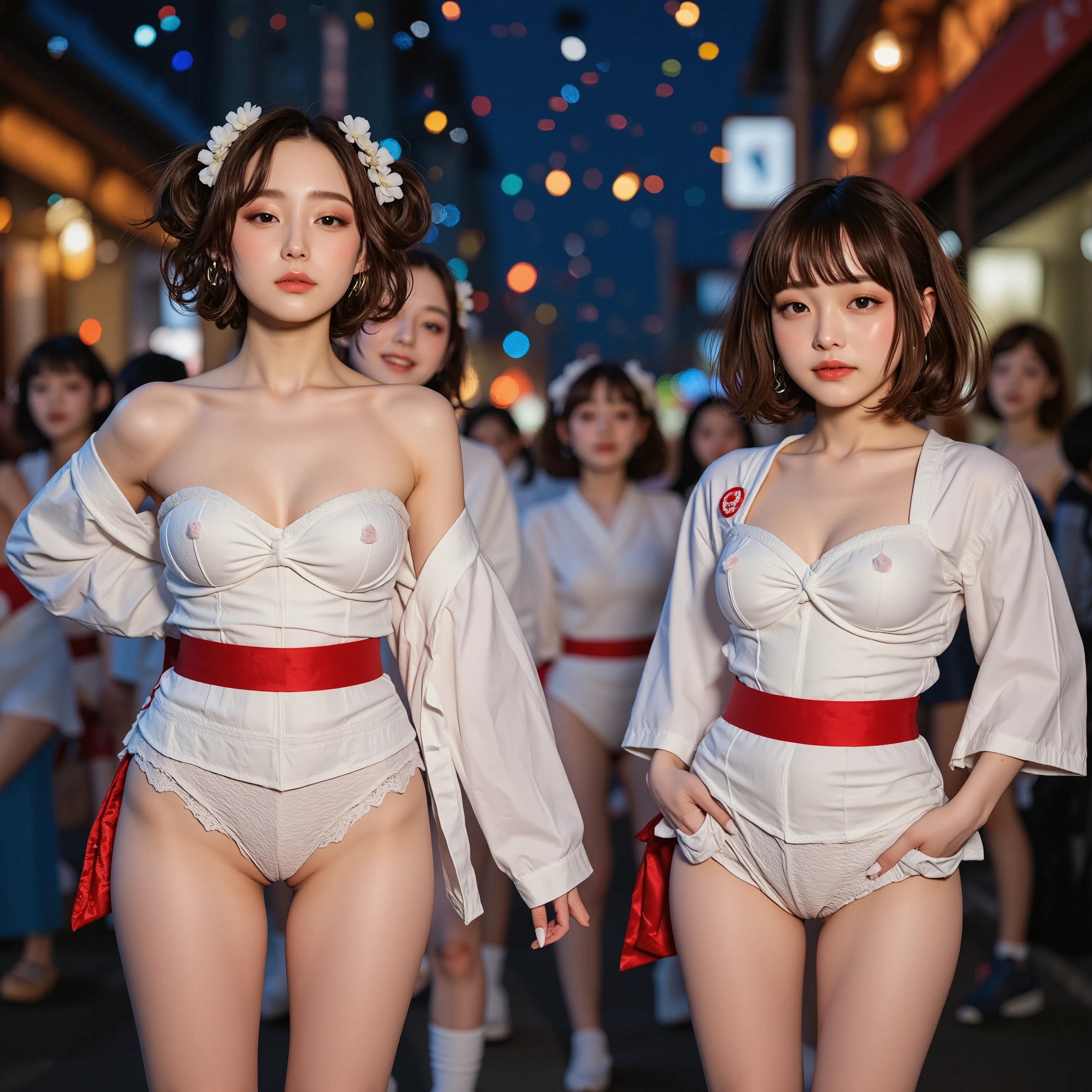 Exposed Nudie Cleavage, 8K UltraDetailed Live-Action, ExtremelyDetailed Professional Photography of KAWAII FUNDOSHI Girls at HAKATA GION YAMAKASA, (Backwards:0.582) FullBody from below, MagicHour Miracle, Ethereal and Haunting, [Numerous Colorful Light Particles], Super-Detailed Textures,   White Loincloth made by twisting white cloth (((ClearlyVisible Shapely Butt))), White KARATE-Jacket and Red OBI-Belt, Zouri, Chignon, Flowers, LifeLikeRendering, Acutance, Detailed NOGIZAKA Face variations, Exterm Angle,