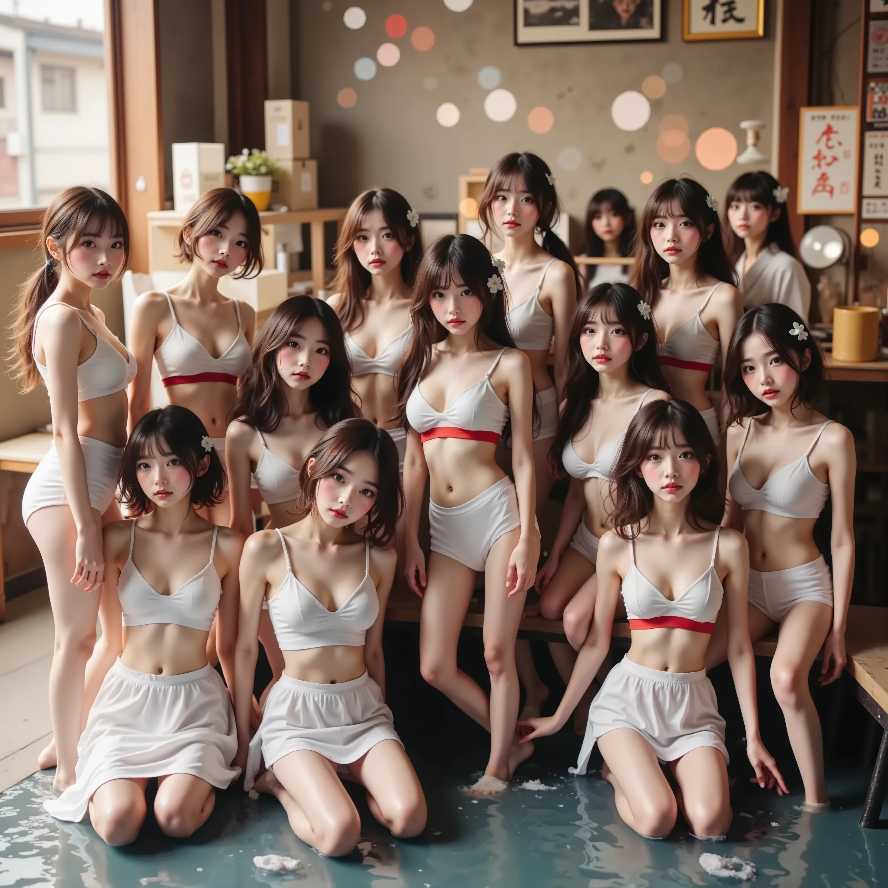 Exposed Nudie Cleavage, 8K UltraDetailed Live-Action, ExtremelyDetailed Professional Photography of KAWAII FUNDOSHI Girls at HAKATA GION YAMAKASA, (Backwards:0.582) FullBody from below, MagicHour Miracle, Ethereal and Haunting, [Numerous Colorful Light Particles], Super-Detailed Textures,   White Loincloth made by twisting white cloth (((ClearlyVisible Shapely Butt))), White KARATE-Jacket and Red OBI-Belt, Zouri, Chignon, Flowers, LifeLikeRendering, Acutance, Detailed NOGIZAKA Face variations, Exterm Angle,