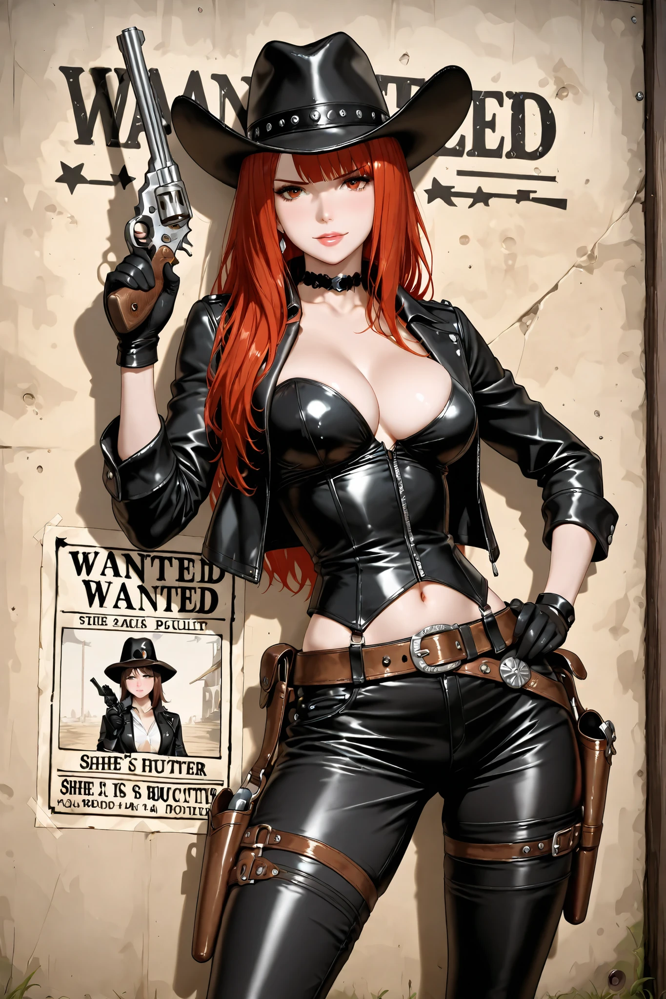 A female sexy bounty hunter on a poster with the word "wanted" and a bounty amount; she is holding a revolver. Western-style poster.