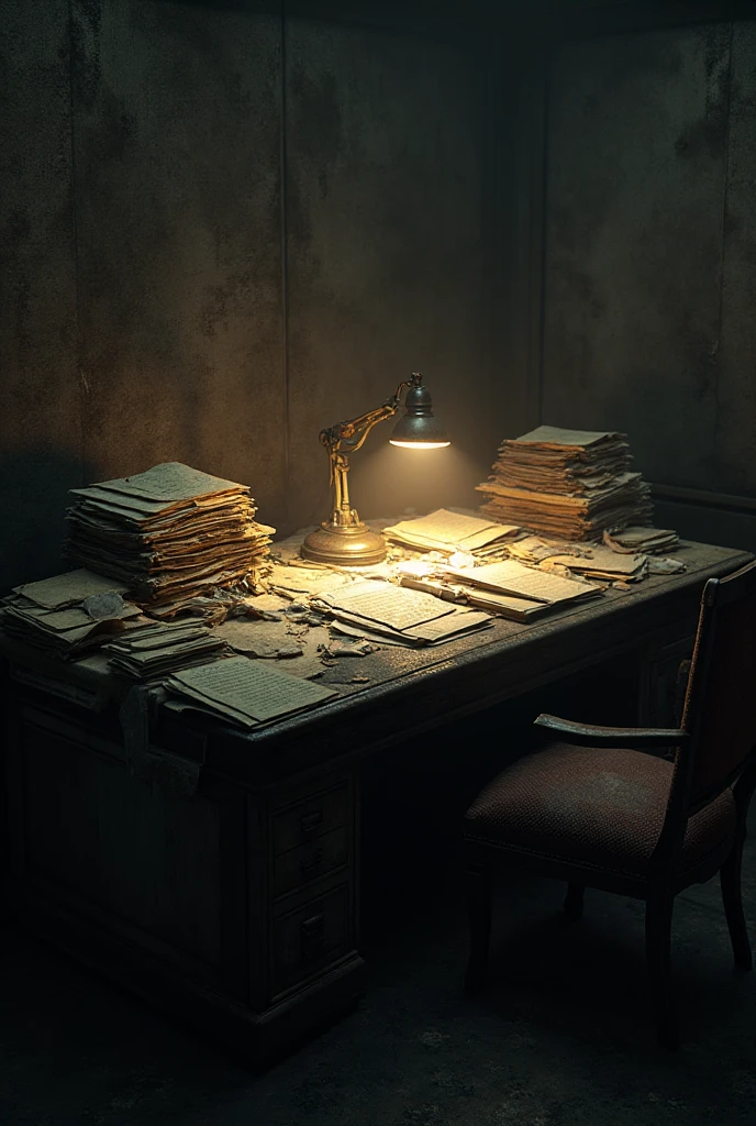 Abandoned office, wooden desk covered in dust and scattered papers, torn leather chair, open and rusty metal files, an old and broken computer, walls with faded, framed family photos, a window with broken blinds allowing dim light to enter