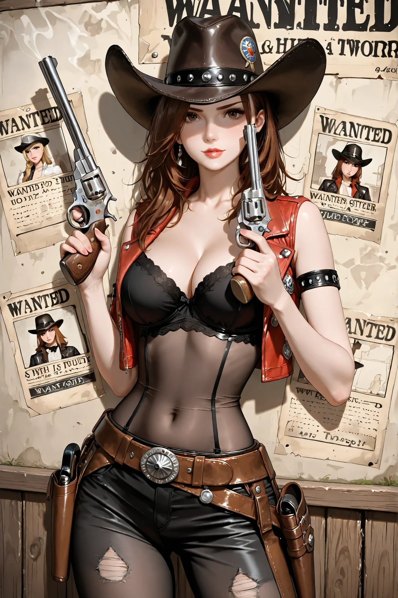 A female bounty hunter on a poster with the word "wanted" and a bounty amount; she is holding a revolver. Western-style poster.