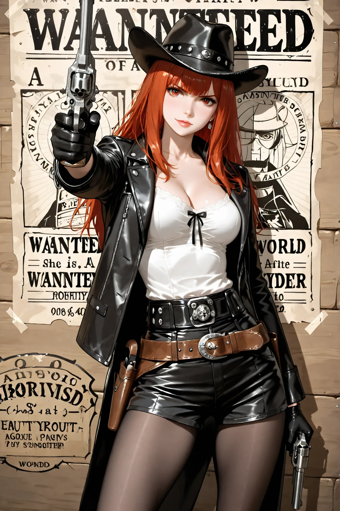 A female bounty hunter on a poster with the word "wanted" and a bounty amount; she is holding a revolver. Western-style poster.