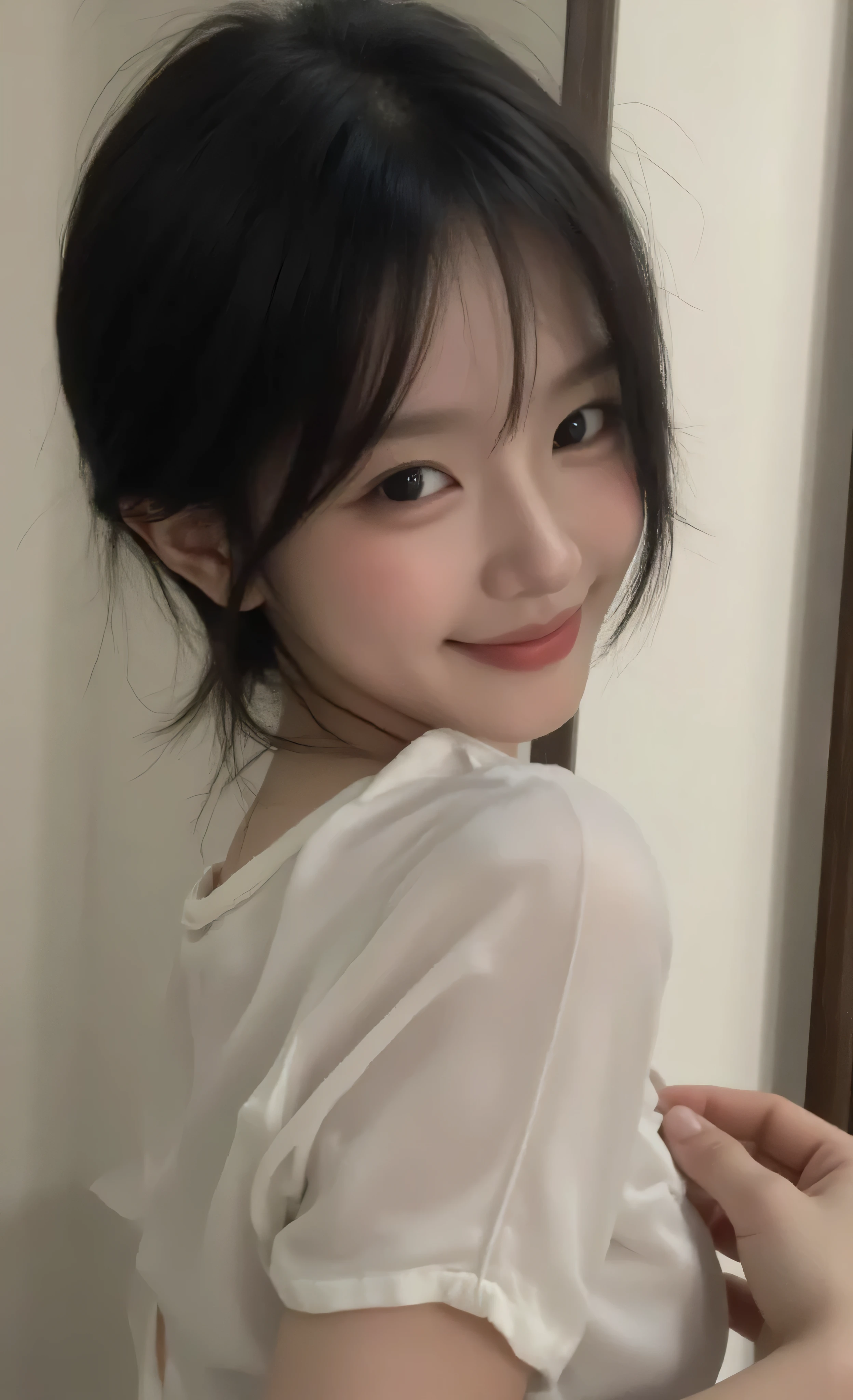 (Best quality, Masterpiece, Ultra High Resolution, (Photorealistic:1.4), (Realistic:1.4), Raw Photo), Most famous Japanese idol, innocent smile, (booty pose), (wearing prettiest outfits, short sleeved shirt, ノーパンティ, skirt), ((short black hair, messy hairstyle)), (((Most realistic and Most beautiful skin)))