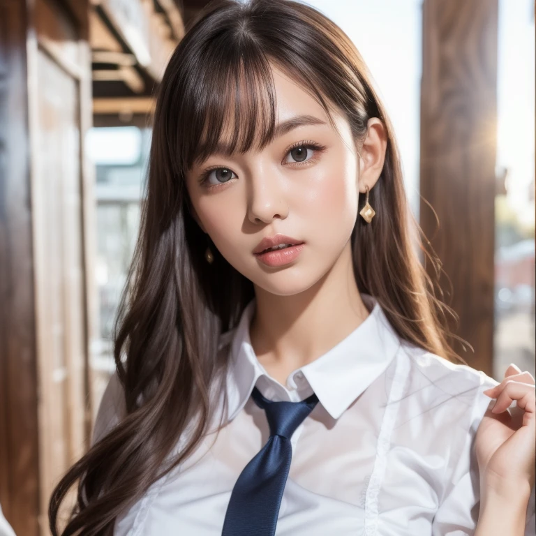 Tabletop、Highest quality、High school girls、16 years old, 8K、RAW Photo、（skin：1.2）、Ultra-high resolution、（lens：50mm）、（F/1.2）、Exquisitely drawn eyes、looking at the camera、Beautiful Face, (Fair skin, light makeup, Thin eyebrows), Slender body, (Medium chest, Delicate shoulders), （Big round eyes：1.4）、（Droopy eyes：1.2),  looking at the camera, (Quiet Smile:1.3), 16 years old, Straight Hair, (Medium Hair, bangs), Dark Eyes, 白いskin, beautiful girl, 16 years old, Very beautiful student, (uniform:1.4), White shirt, (uniformのWhite shirt, Short sleeve, tie, Pleated skirt), (White wall, Bright windows), Shallow depth of field 