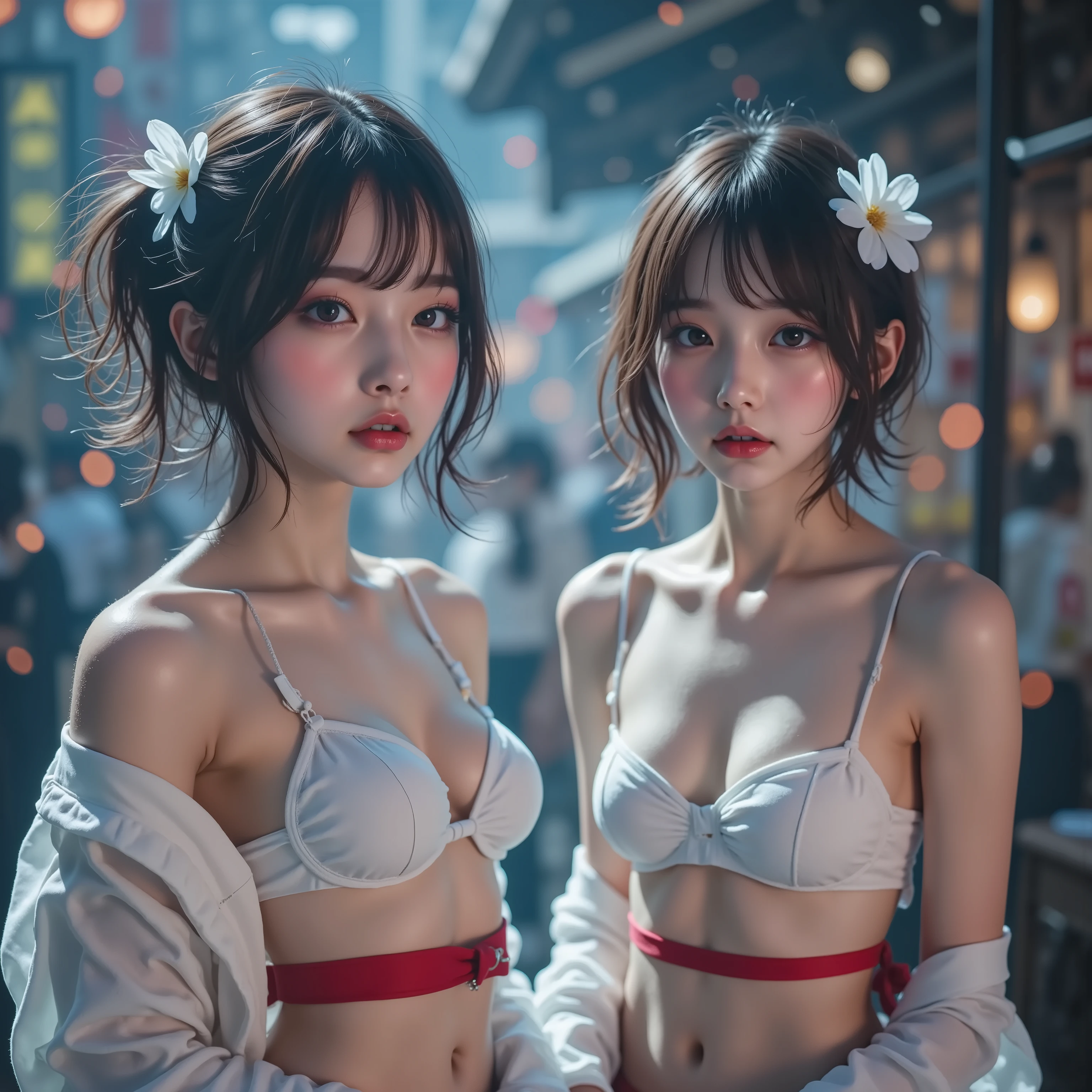 Exposed Nudie Cleavage, 8K UltraDetailed Live-Action, ExtremelyDetailed Professional Photography of KAWAII FUNDOSHI Girls at HAKATA GION YAMAKASA, (Backwards:0.582) FullBody from below, MagicHour Miracle, Ethereal and Haunting, [Numerous Colorful Light Particles], Super-Detailed Textures,   White Loincloth made by twisting white cloth (((ClearlyVisible Shapely Butt))), White KARATE-Jacket and Red OBI-Belt, Zouri, Chignon, Flowers, LifeLikeRendering, Acutance, Detailed NOGIZAKA Face variations, Exterm Angle,