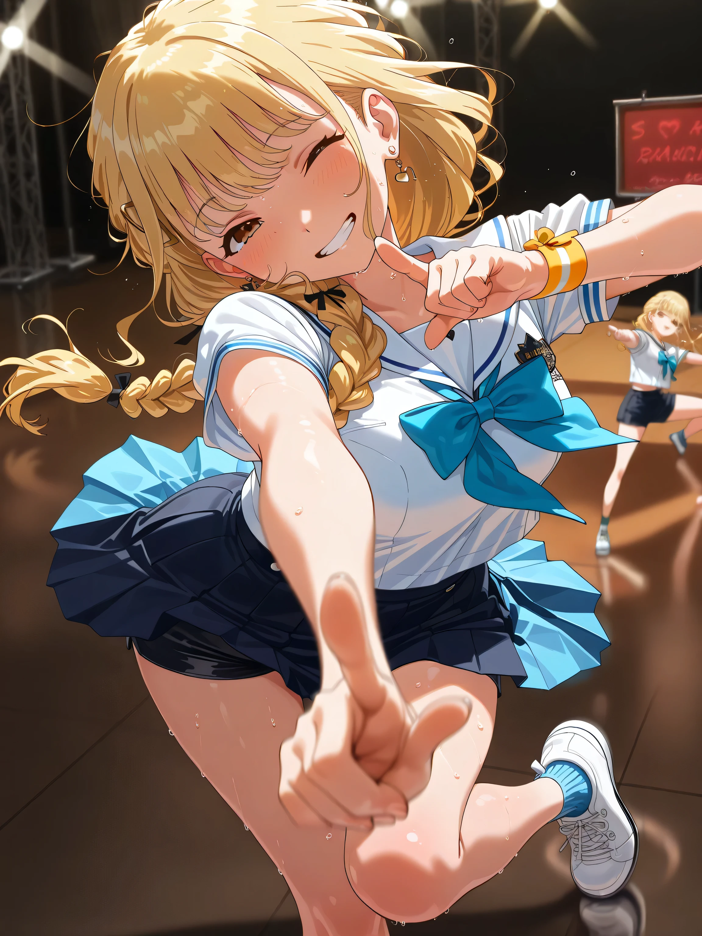 ((Masterpiece), (Highest Quality), (High Score), (High Resolution),(4k),Uncensored,),

((indoors),1girl,,solo,),

(,(dance, audition),(Stage, simple stage lights,(signboard "audition"),black floor),(stage light,multiple coloerd lights),,,(dancing,Hip Hop Dance:1.5),,,,BREAK,(Anatomically accurate structure:1.4),),

(((anime screencap:1.3),,BREAK,(anime screencap), (Hair flowing in the wind), (hairdetailer:1.5),[(depth of field, shallow depth of field, background gradually blurred, sharp focus on character),:1.4)][(stage lights:1.4)],))
(reflection on the floor:1.2),
((mature woman,fujita kotone,brown eyes, blonde hair,(single braids),hair ornament,(white hairclip:0.8),(heart-shaped earring),Sailor suit, summer uniform, white shirt, short sleeve shirt, white sailor collar, pleated skirt, black shorts, ankle socks,Wristband,(white sneakers),(short),),((grin),wink,(sweat),)standing on the stage,(on one knee),(pointing at viewer:1.3),(head tilt:1.2),(leaning forward:1.2),(one hand down,,place on the floor),[looking up:],[Close-up of the upper body:],[from above:1.2],(Enjoy,fun:1.4),),
(Accurate body structure:1.3),