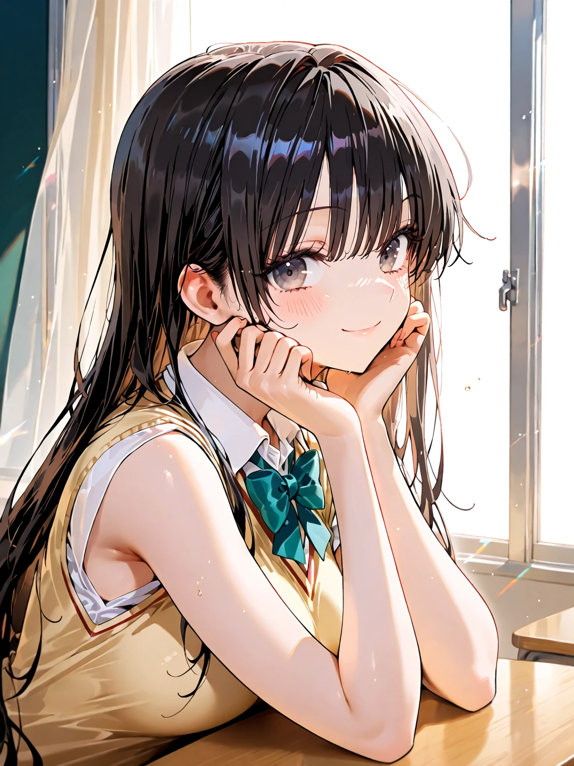 One girl,((takano)),blush,smile、Welcome、The whole body is shown、noon、classroom、uniform、skirt、White string buns、skirt lift, shot,,Are standing、from below,A complete depiction of the human body,masterpiece, Highest quality, Game CG, ultra detailed、highres、extremely detailed CG