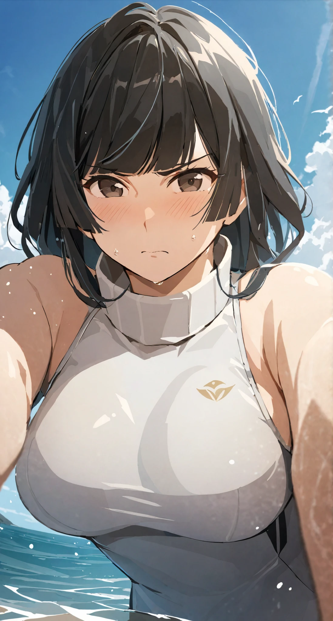 masterpiece,best quality, solo, eda, bangs, black hair, upper body,blue sky,cloud, shy expression, medium breast, hot, thicc, sleeveless turtleneck swimsuit , ocean, water, she is shy, embarrassed , she is embarrassed, dynamic pose, close shot, upper body, chubby, dynamic pose, trying hard, serious face, her chest is getting bigger, front view, pov, she is putting her arms around me, close shot, close shot to her body