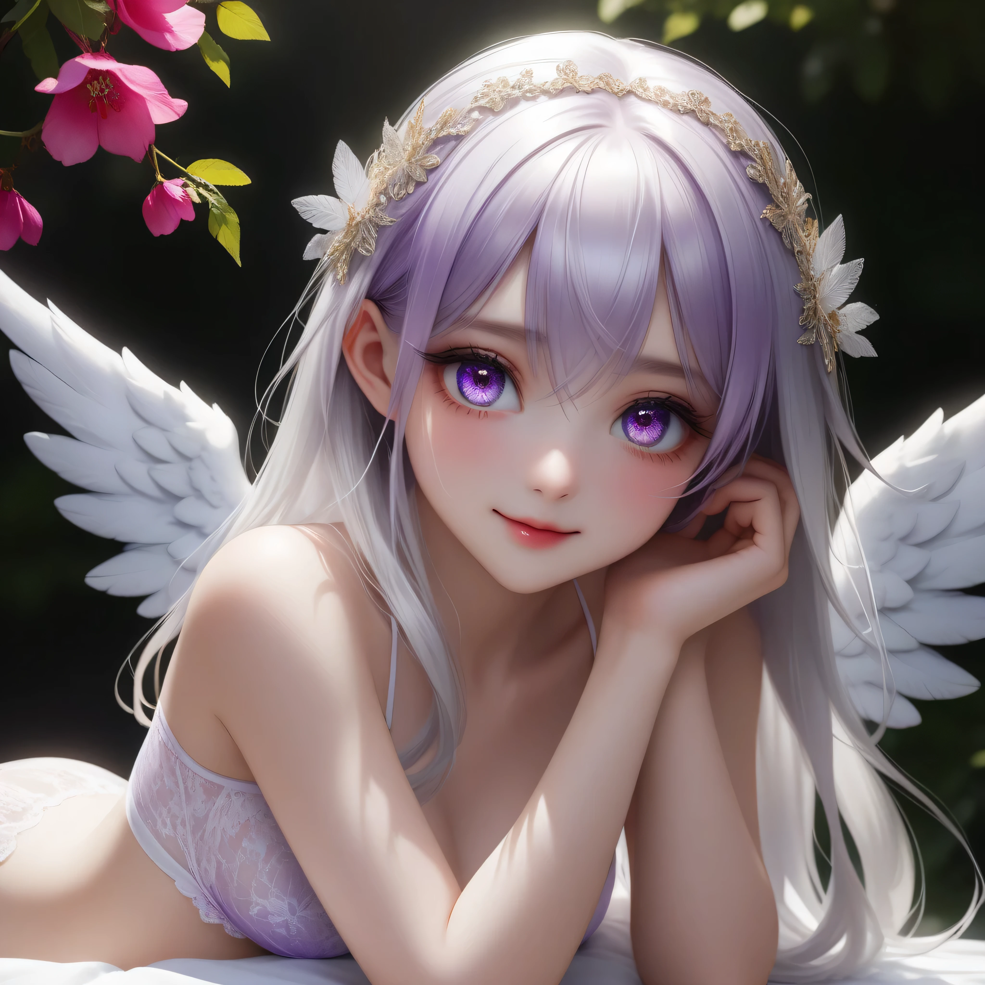 ((Top quality, 8K, best quality, masterpiece, ultra realistic)), ((Beautiful angel with odd eyes)), ((Heterochromia, golden eyes, silver eyes)), ((Sparkling and detailed eyes)), (Very precise eyes), (Long hair with a mixture of platinum and purple), Princess cut, ((Translucent and shining white skin)), Shiny skin, Very white skin, ((Very small breasts)), ((Beautiful woman wearing a lacy crimson quarter cup bra with a clearly visible intricate lace pattern)), ((Crimson wrap (wearing a skirt), ((a beautiful flower garden), ((lime green quarter cup bra)), ((sitting with her legs stretched out, with wings on either side of her back)), ((anatomically accurate depiction)), ((the exact number of fingers, detailed depiction down to the tips of the fingers)), gaze, ((angel wings)),blushing face, ((the surroundings are sparkling)), smile, very beautiful, fantasy world, very beautiful eyes