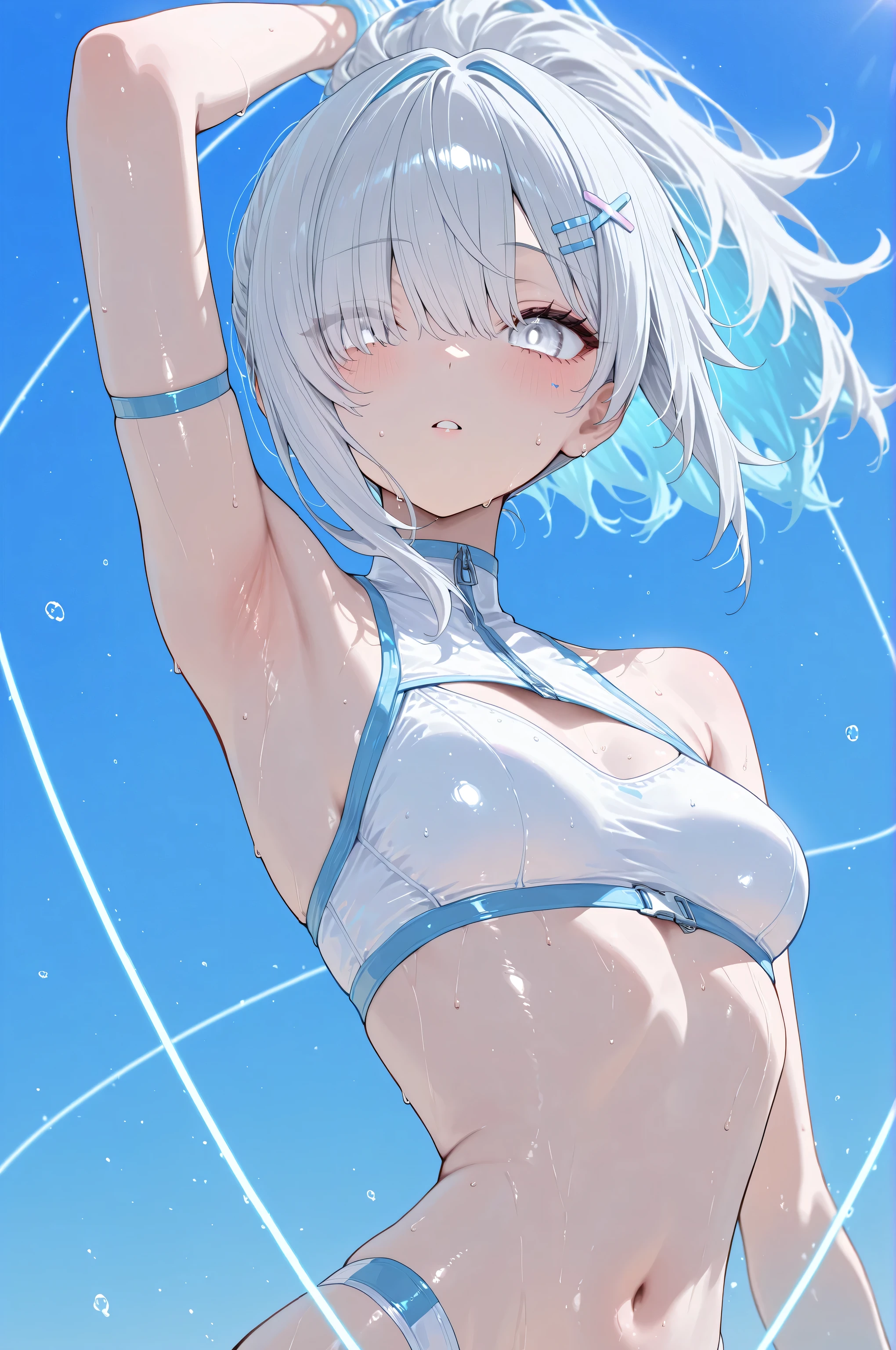 top quality、ultimate detail、1 girl、Gray Hair Main、large center part、tingling texture、thread、clear eyes、 white eyes、X in the eye、Cool Gaze、 Sharp-looking、pretty profile、Dancing in the Wind、The background is blue、dynamic angle、Upper Body Shots、high image quality、8k resolution、Studio Animation、high contrast、Best Aesthetics、thin waist、ponytail、Futuristic white and blue above the chest - food、hide one eye with hair、 razor hair clip,swimsuit、I-shaped balance