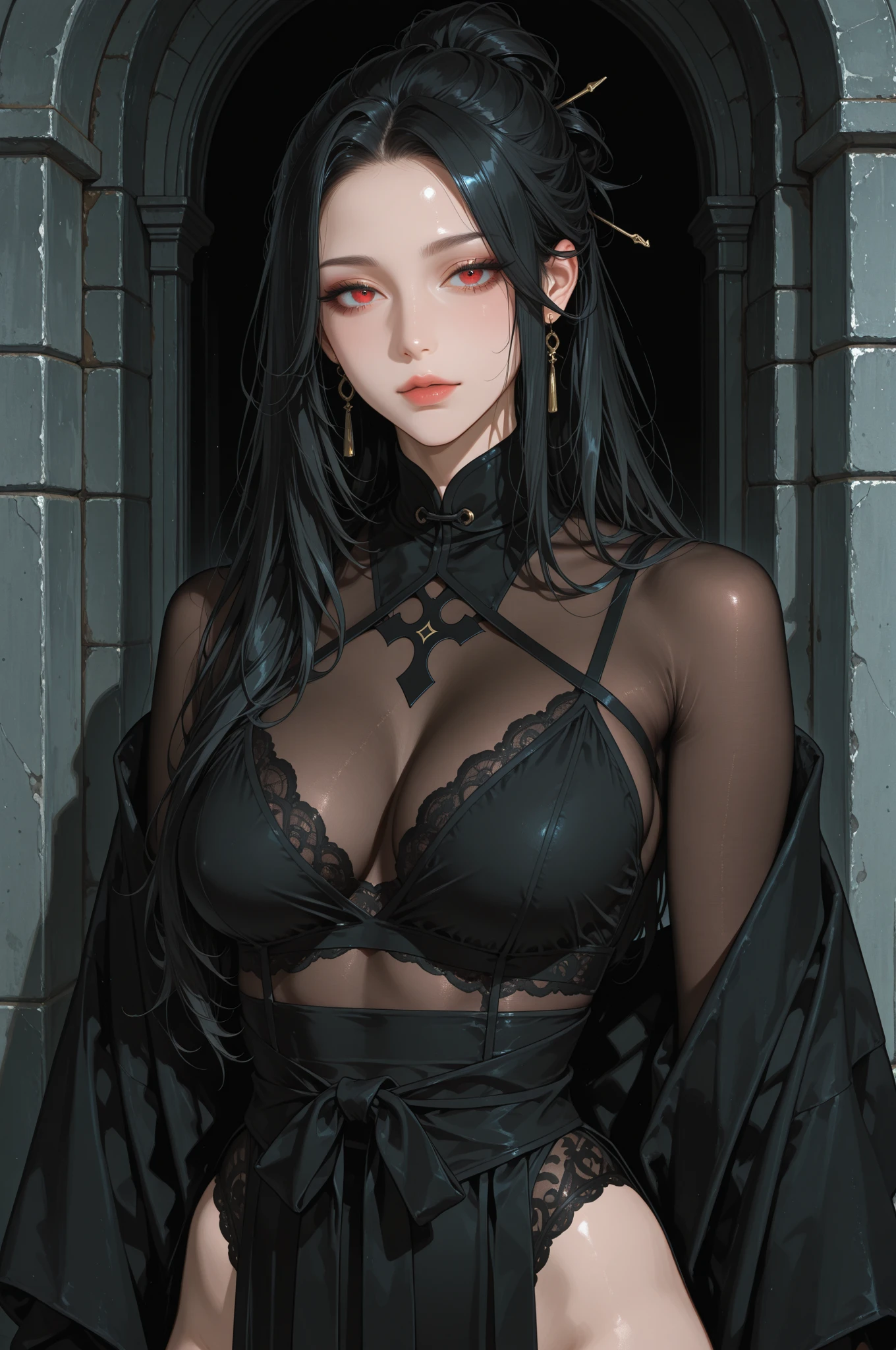 (masterpiece), best quality, expressive eyes, perfect face, a beautiful demon girl with pointed horns with long black hair, yellow eyes, ???????????, thin waist, very beautiful, wearing gothic clothes, Dutch angle