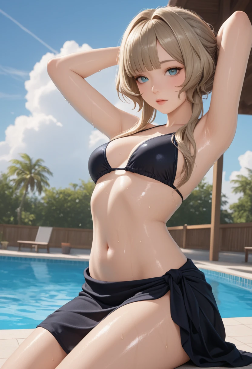 (masterpiece), (best quality), (ultra detailed),(disheveled hair), teen girl, Fashion model, looking at viewer, (detailed pool background),beautiful detailed eyes, delicate beautiful face, (high saturation), (shining), full body, best lighting, best shadow, solo, futuristic  white and gold, seductive