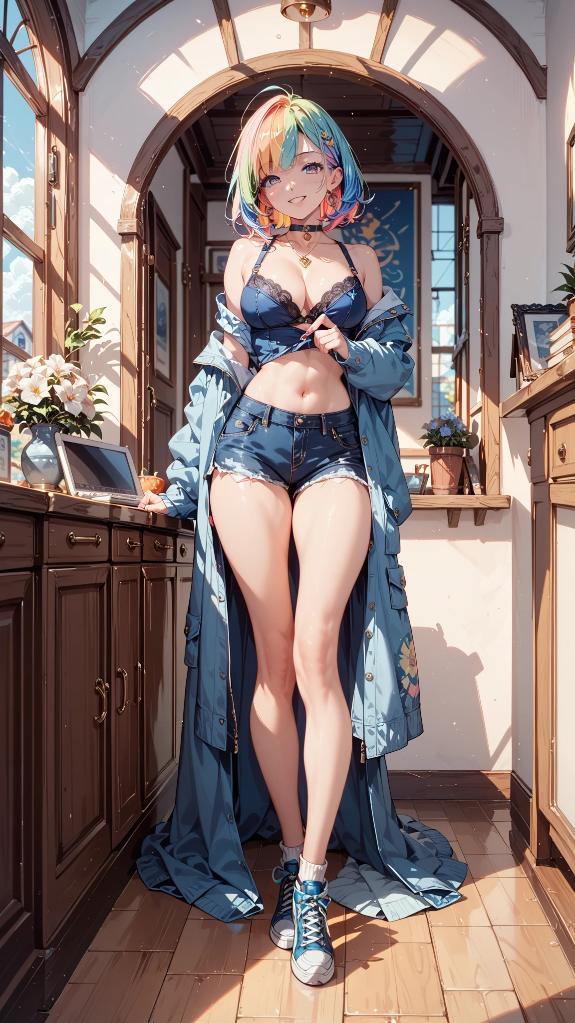 Highest quality、masterpiece、8K、Realistic、超High resolution、Very delicate and beautiful、High resolution、Muscle Girl、Gal、Perfect female body、Beautiful woman、Mature Woman、Blonde、ponytail、Bright green eyes、Six Pack、Toned body、Large Breasts、I can see your belly、pants、boots、Wild Pose、Full body emphasis、Simple Background、Elf