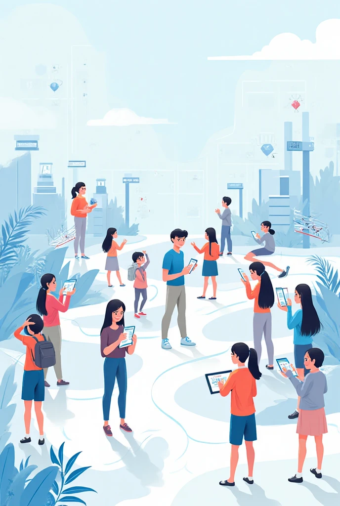 Create an illustration: of Vietnamese students learning with the help of AI, infographic style, blue-white tone