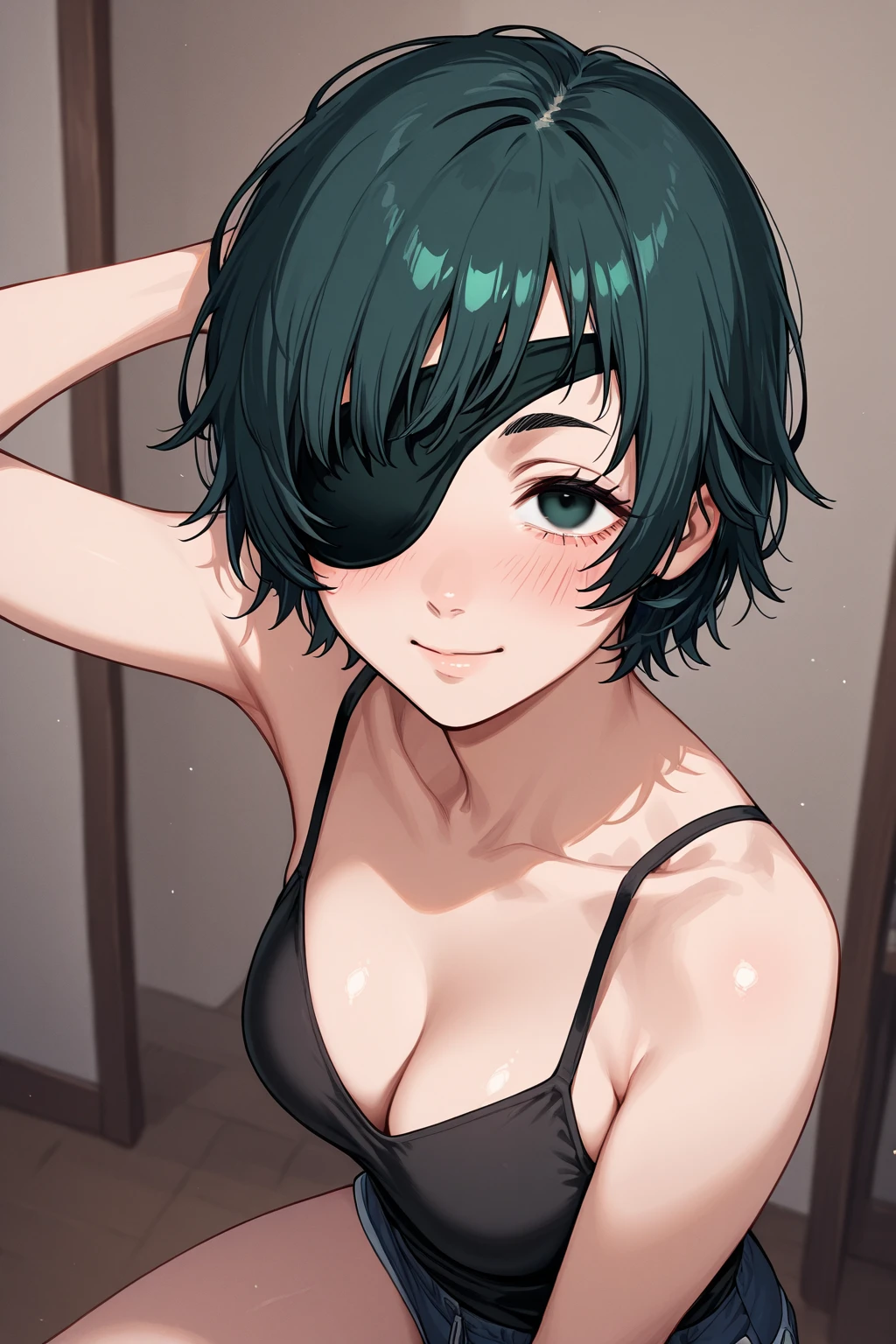 himeno, himeno(Chainsaw Man), 1girl 1boy, black hair, short hair, eyepatch, POV, purple briefs, , ,   briefs, White spots on briefs, aroused, , sweat, , Villains, jungle, Night, Dark, dramatic angle, unique perspective, unique angle, masterpiece, Top animation quality, Top image quality,