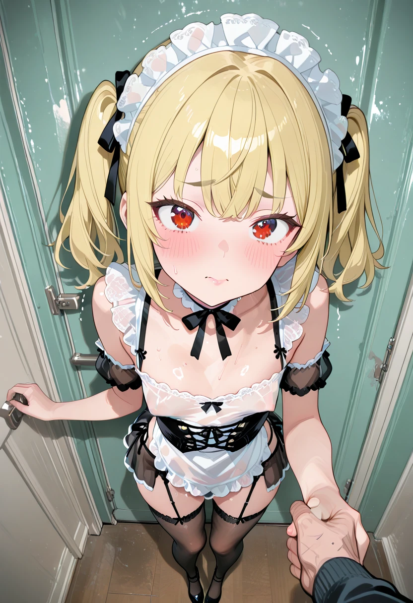 BREAK Perfect 、Highest quality、(cute:1.1)、(cute)、(High resolution:1.2)、Unbelievably absurd:1.3、Incredible illustrations、(cuteイラスト:1.2)、,（Beautiful background、Late Night、Bedroom、Red Curtain）、1girl(Green hair, red eyes、curl outward hair(child,(a girl, , height 1.3meters, 30kg),0-year-old,flat chest）（sailor uniform,White Silk 、garter belt）(、)(  preparation:1.2, aside),:1.2,,,(,restrained、chain、gagged）（,cinematic angle） Hands above head,,