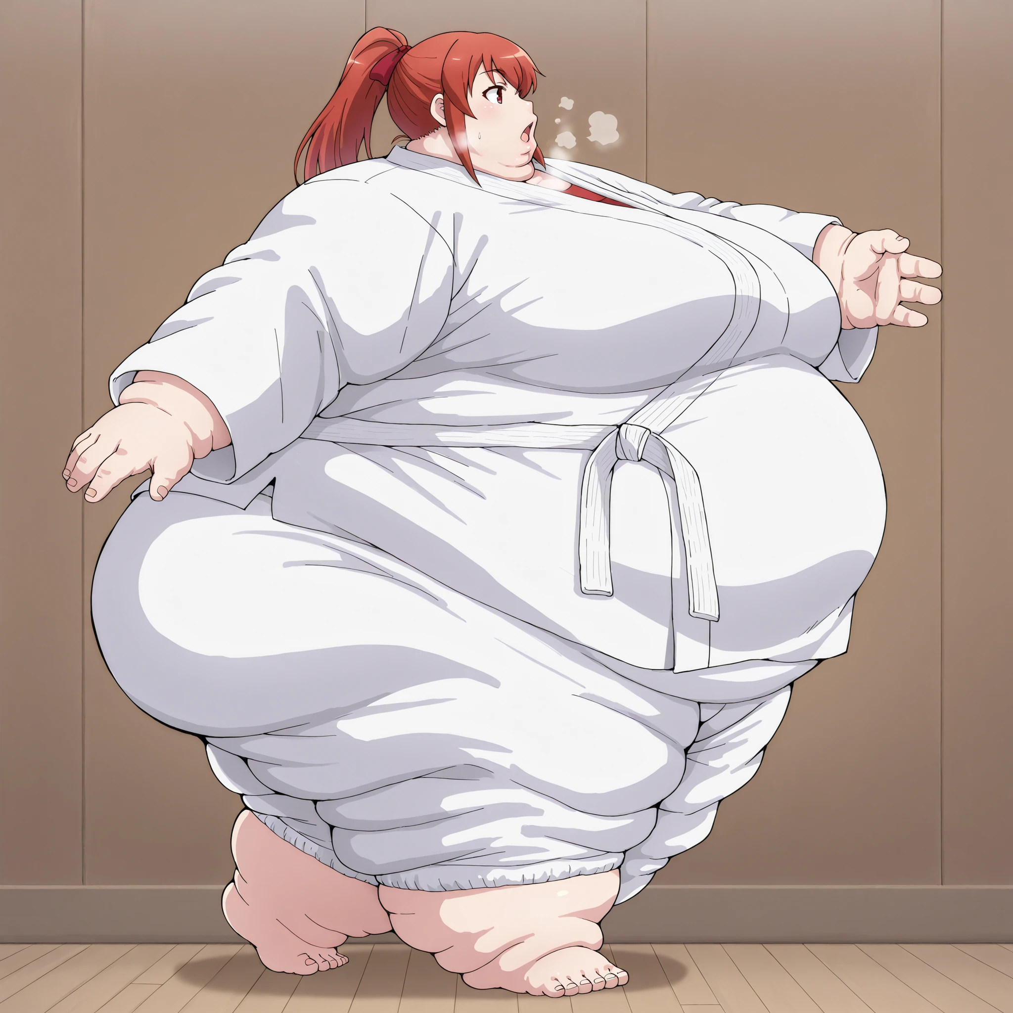 mikaisksmpn, red eyes, addmicrodetails,
Karate gi, fat, chubby, obese, fat neck, multiple chins, big breasts open mouth, out of breath, Larger female, full body shot, only head, large head, oversized limbs, large hands, large feet, oversized feet, oversized fingers, big lips, plump lips, fat face, fupa, big fupa, fat fupa, hunchback, side view