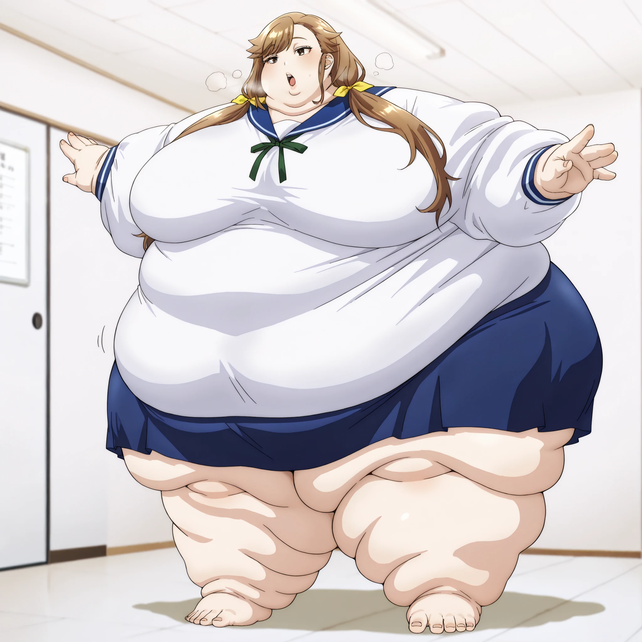 tenjousora brown eyes, long hair, asymmetrical hair, asymmetrical bangs, brown hair, low twintails, hair ribbon white shirt, blue sailor collar, neck ribbon, long sleeves, blue skirt,breasts, fat, chubby, obese, fat neck, multiple chins, big breasts open mouth, out of breath, Larger female, full body shot, only head, large head, oversized limbs, large hands, large feet, oversized feet, oversized fingers, big lips, plump lips, fat face, fupa, big fupa, fat fupa, 