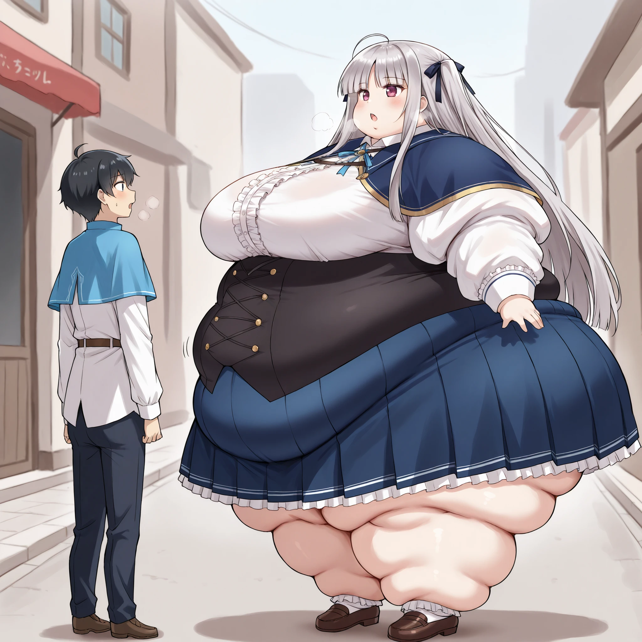 Julie Sigtuna,ahoge,very long hair,grey hair,black hair ribbon,two side up,sidelocks,blunt bangs,fuchsia eyes,blue capelet,neck ribbon,blue ribbon,white shirt,center frills,long sleeves,black corset,buttons,blue skirt,pleated skirt,frills, fat, chubby, obese,, large breasts open mouth, out of breath, Larger female, full body shot, 1girl, 1boy, duo, larger_female, taller_female, size_difference, side view, outside 